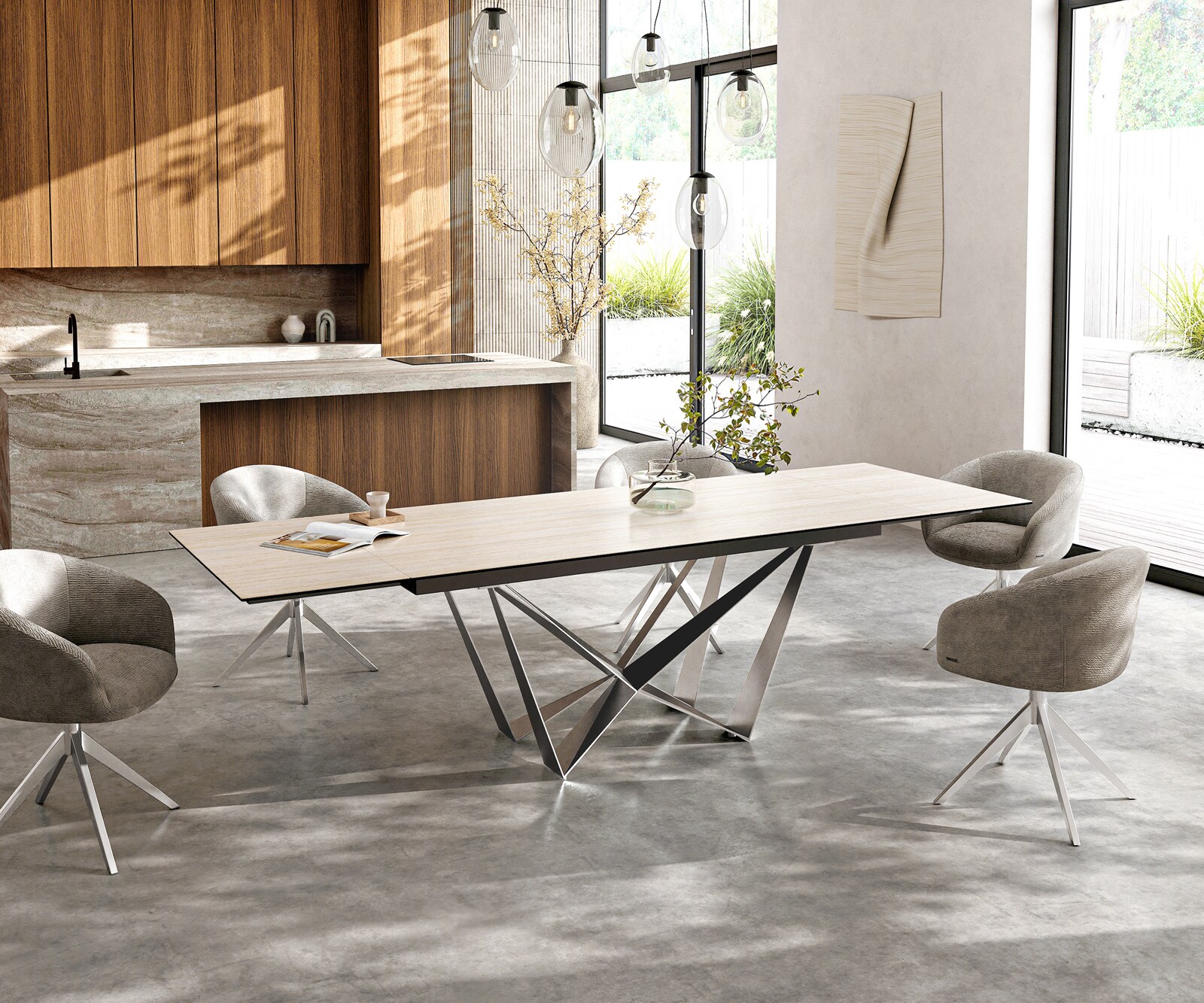 Esstisch Edge 200-300x100 Keramik Laminam® Travertino Bianco Creme-Weiß Spider Flachstahl Edelstahl ausziehbar 6