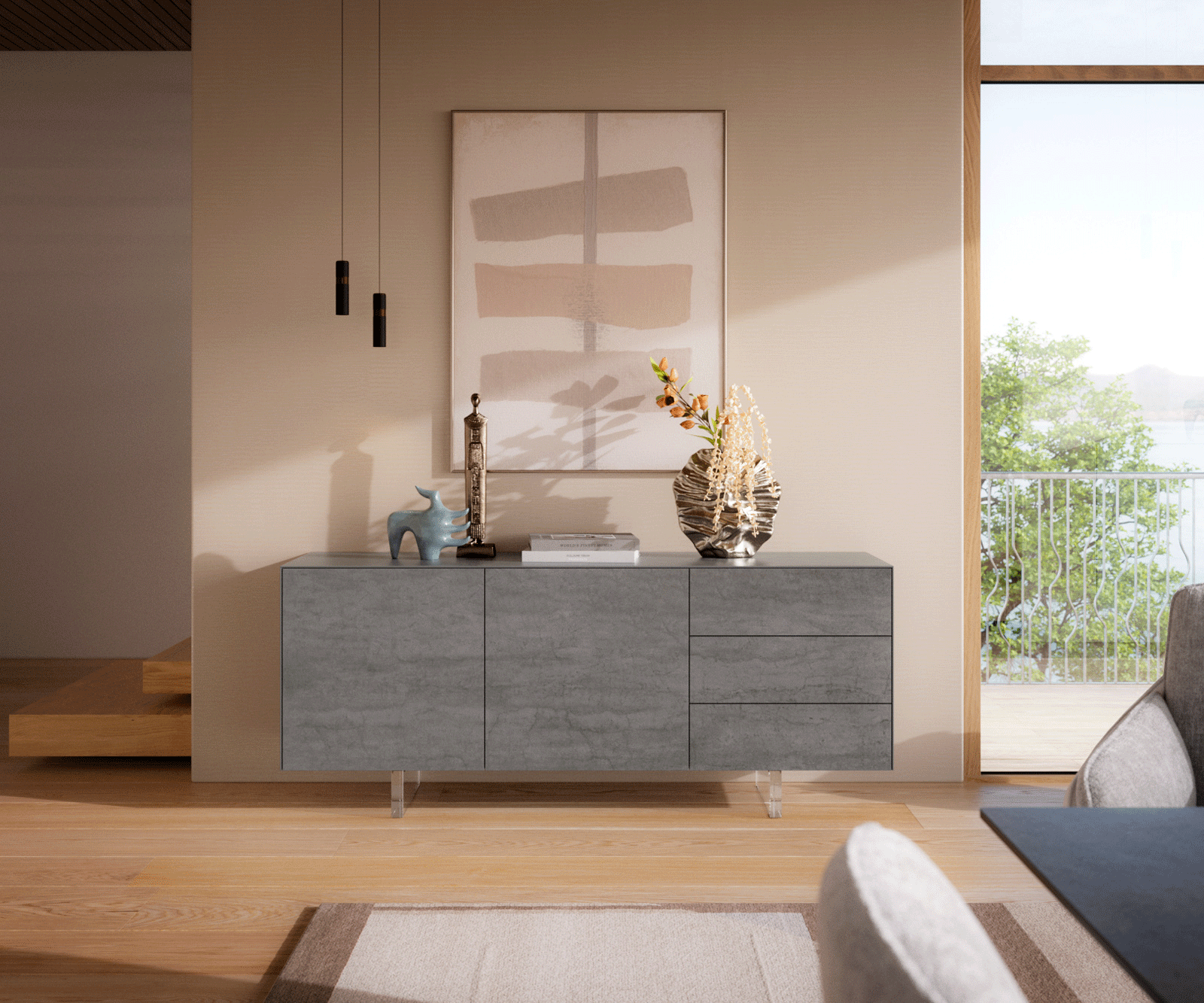 Sideboard Cuor 180 cm Keramik Beton Grau 2 Türen 3 Schubfächer Fuß Schwebeoptik Acrylglas 1