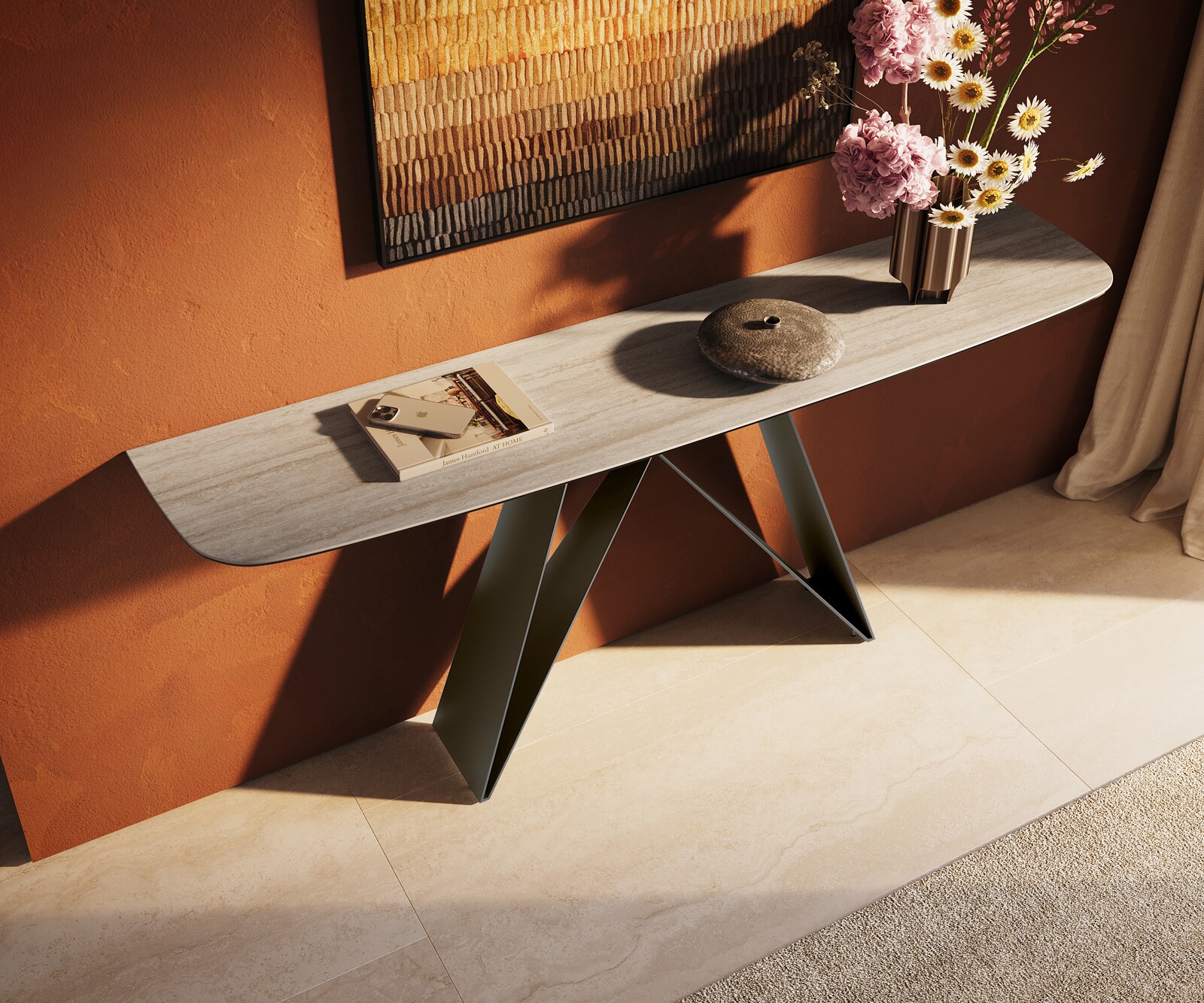 Console Edge forme bateau 180x40 cm Céramique Laminam® Travertino Bianco Creme-Weiß Velio Métal Effektfinish Titan 3