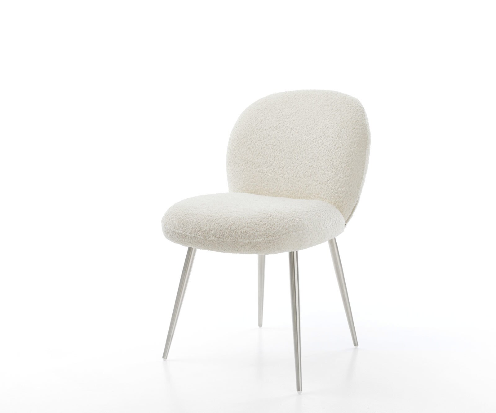 Chaise-de-salle-à-manger Nube-Flex bouclé blanc 4 pieds coniques acier inoxydable brossé ressorts ensachés Chaise-de-salle-à-manger Nube-Flex bouclé blanc 4 pieds coniques acier inoxydable brossé ressorts ensachés