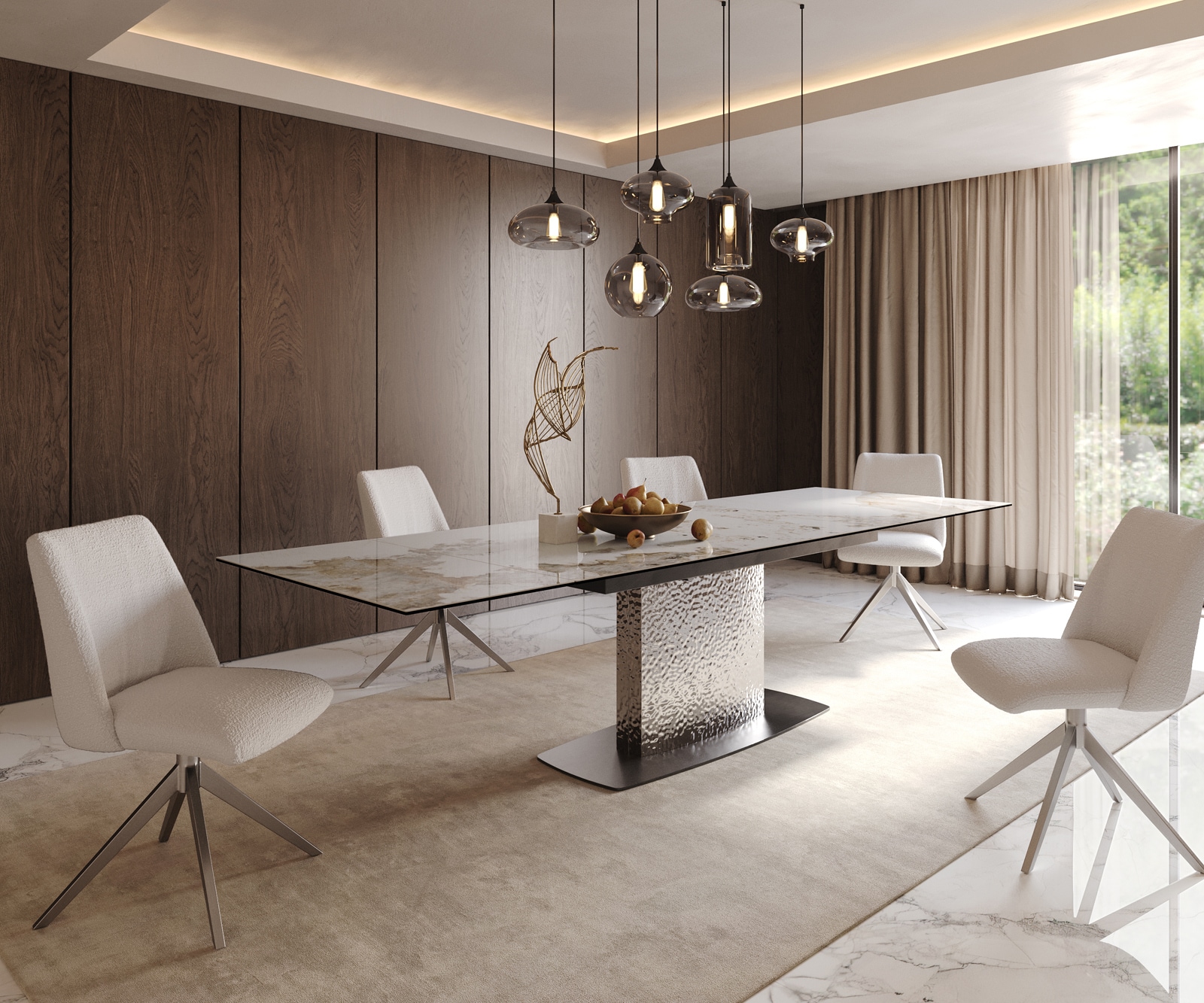 Esstisch Edge 200-300x100 Keramik Minas Melange Weiß-Beige Wave Edelstahl ausziehbar 8