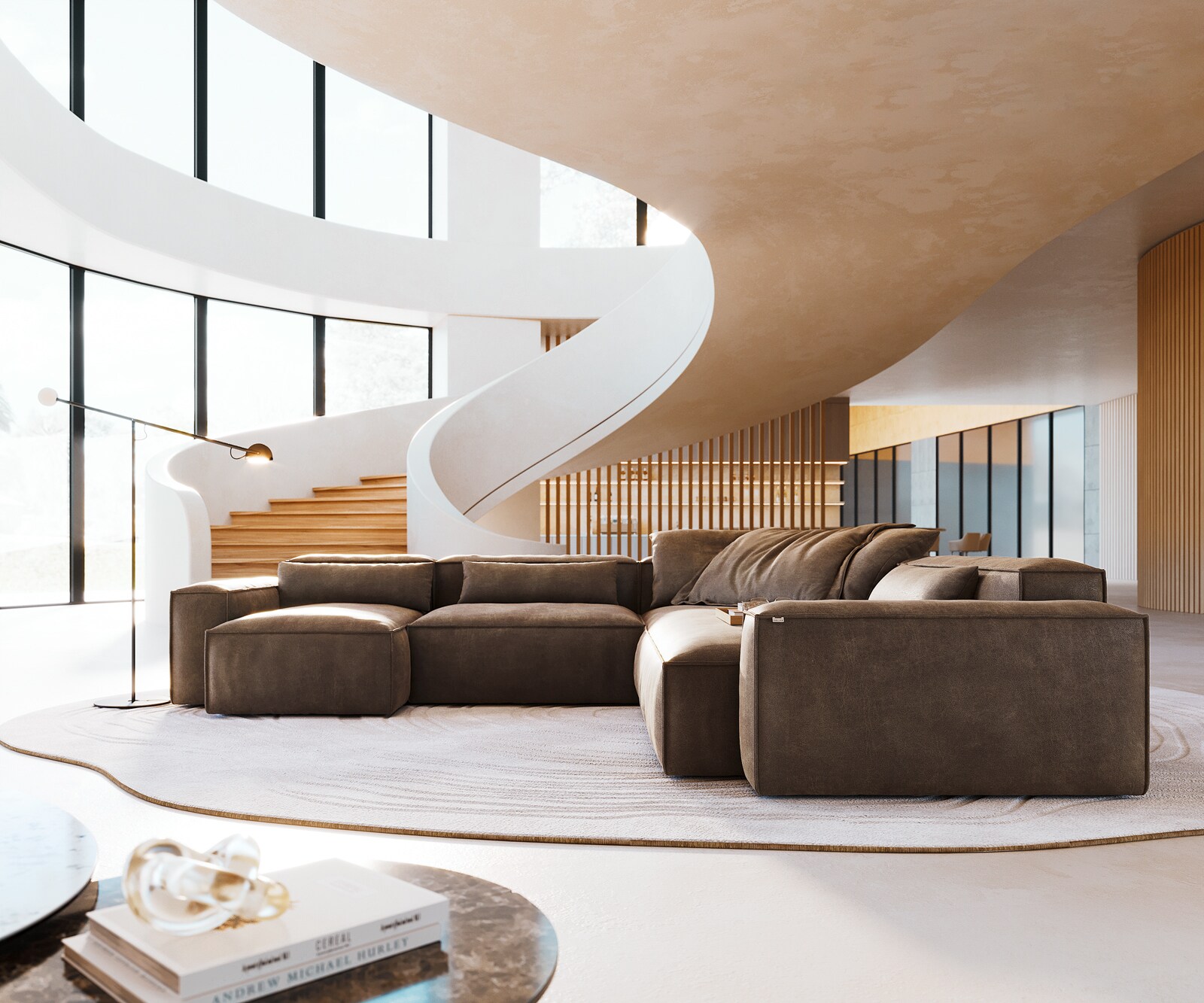 Wohnlandschaft Freestyle 360x290 cm Mikrofaser Taupe Vintage Kedernaht 1