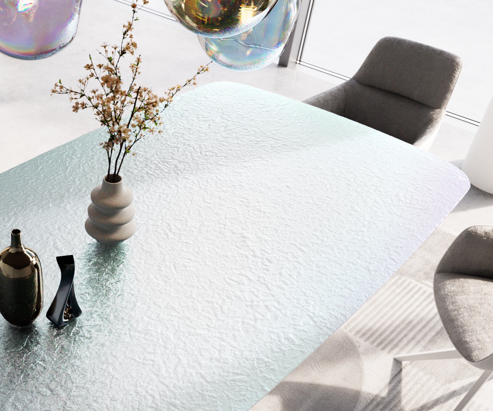 Esstisch Edge Boot 240x120 Reliefglas Perlmutt 3D-Design Pilier Metall Weiß 4