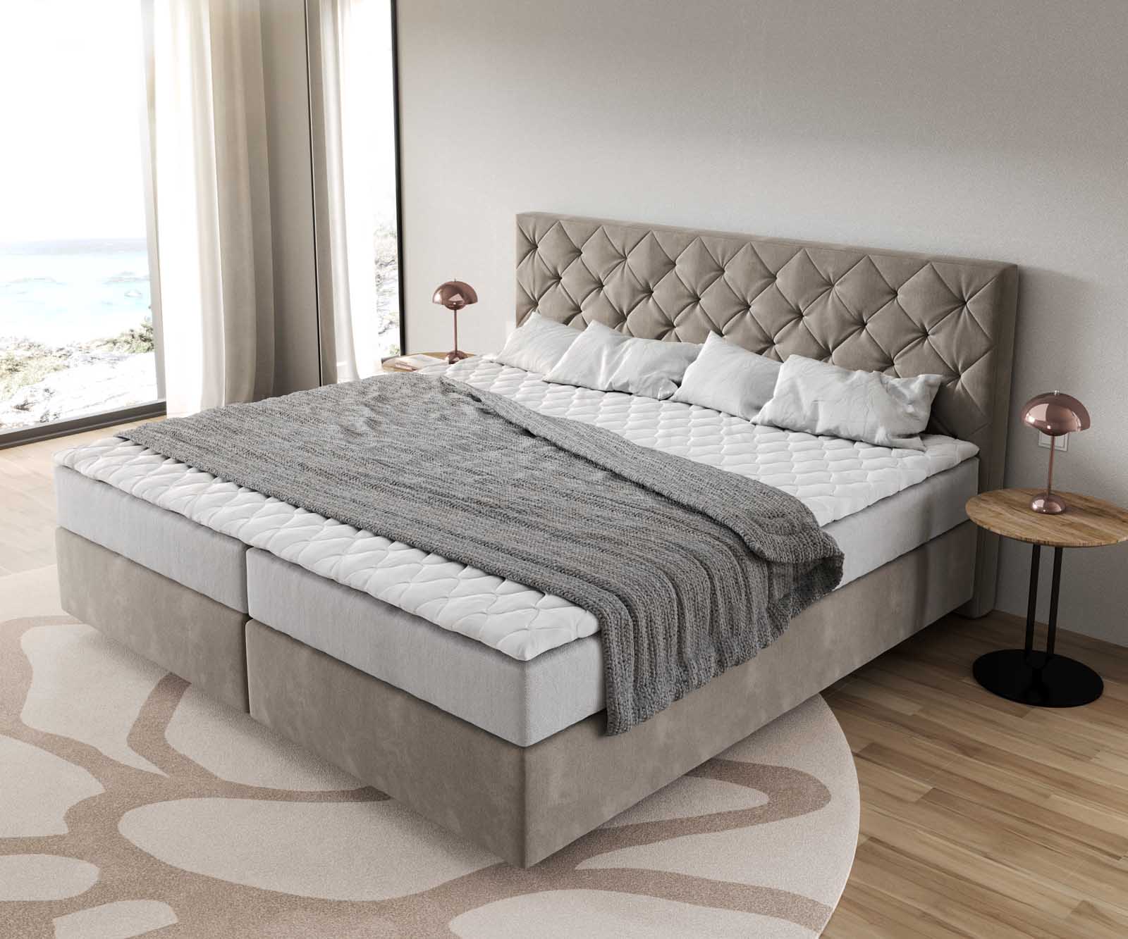 Lit à sommier tapissier Dream-Great Microfibre beige 200x200 cm avec matelas à ressorts ensachés et surmatelas en mousse viscoélastique 3