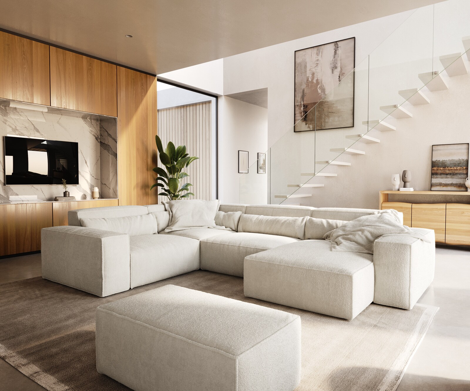 Wohnlandschaft Sirpio 300x200 cm Bouclé Creme-Weiß Recamiere variabel mit Hocker 7