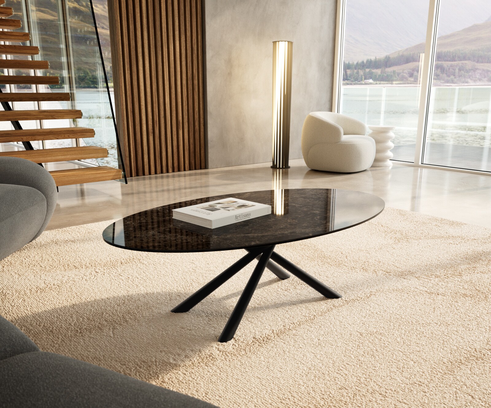 Couchtisch Edge Oval 140x80 cm Keramik Emperador Extra Lucidato Dunkelbraun Sarity Metall Schwarz 1