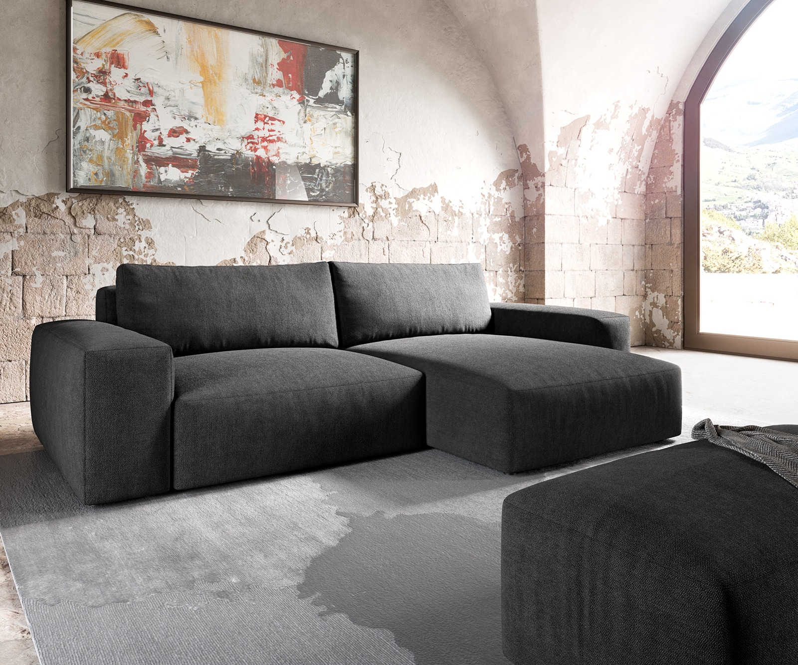 Ecksofa Lanzo XL 270x180 cm Mikrofaser Schwarz Recamiere variabel mit Hocker Ecksofa Lanzo XL 270x180 cm Mikrofaser Schwarz Recamiere variabel mit Hocker