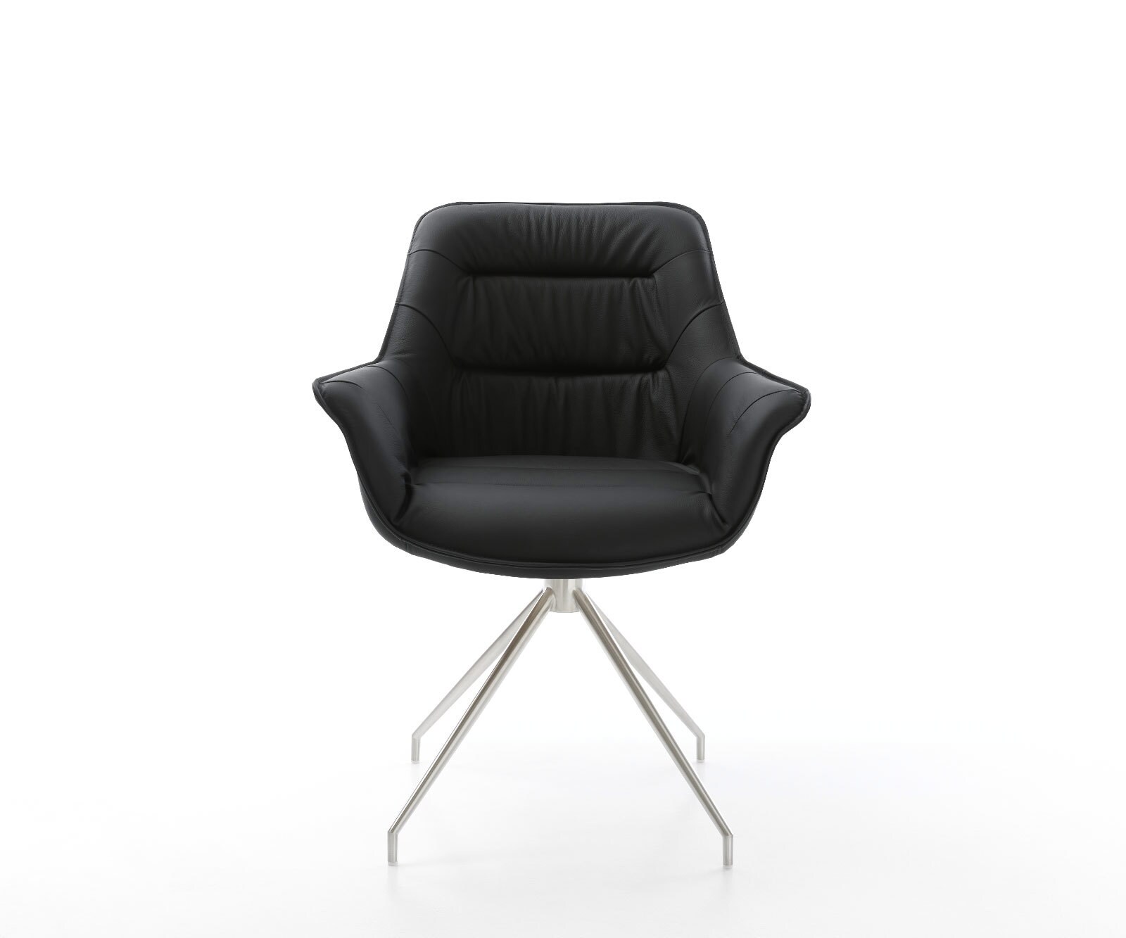 Chaise-de-salle-à-manger Kaira-Flex cuir de vache noir pied croisé conique acier inoxydable brossé 2