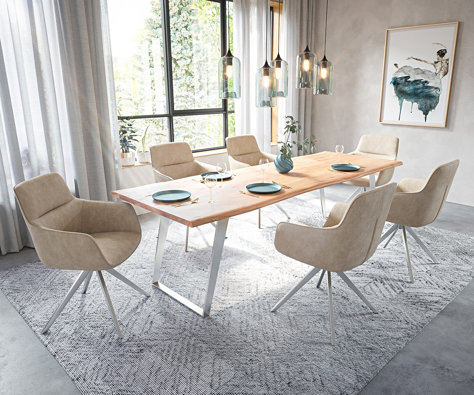 Table-à-manger Edge 260x100cm acacia nature acier inoxydable argent incliné Live-Edge