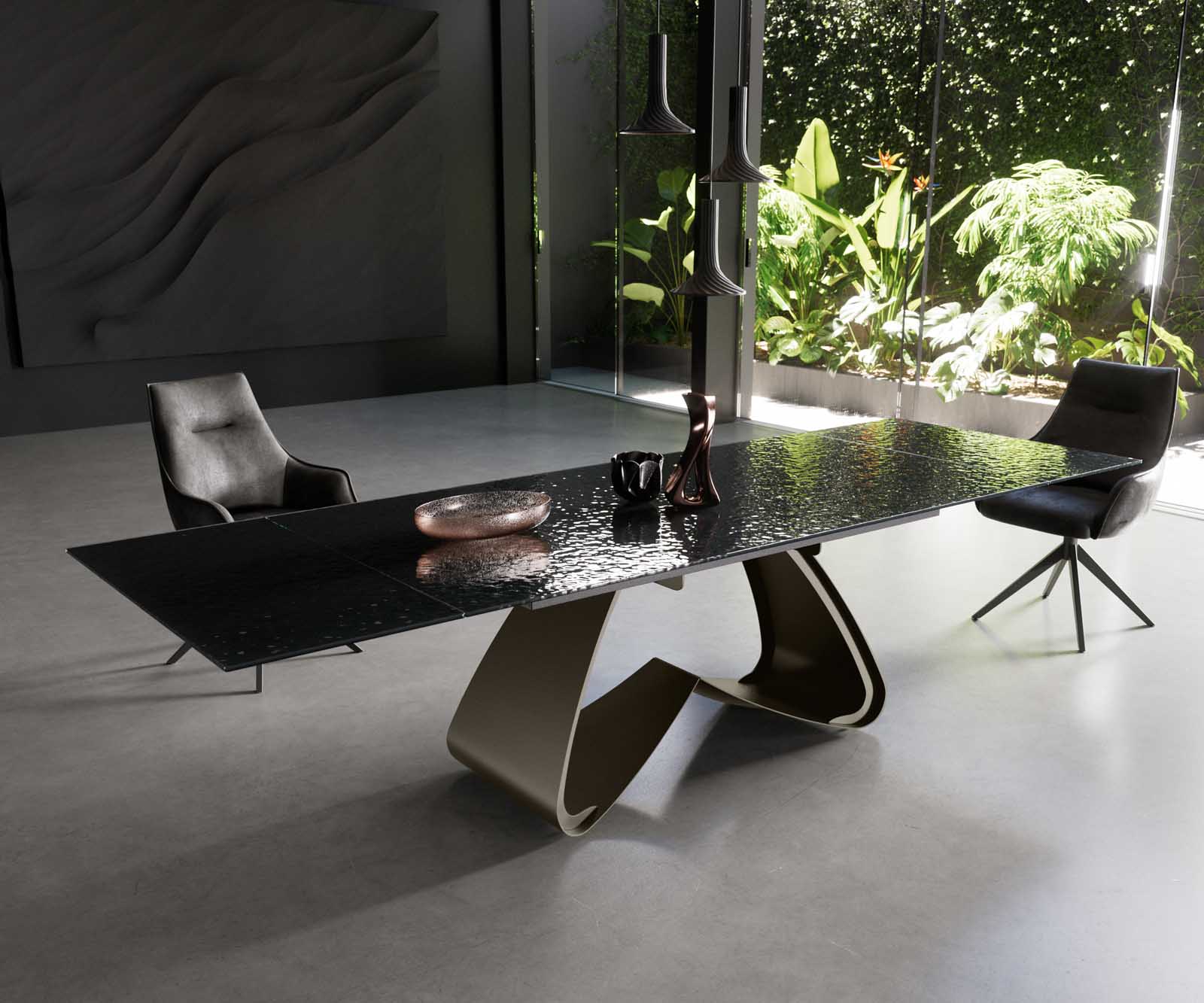 Esstisch Edge 200-300x100 Reliefglas Rauchschwarz 3D-Design W-Gestell Effektfinish Titan ausziehbar 1