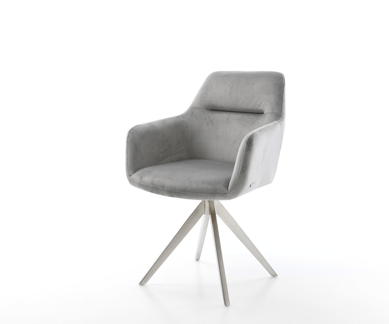 Chaise-de-salle-à-manger Pejo-Flex velours gris pied croisé angulaire acier inoxydable brossé ressorts ensachés Chaise-de-salle-à-manger Pejo-Flex velours gris pied croisé angulaire acier inoxydable brossé ressorts ensachés