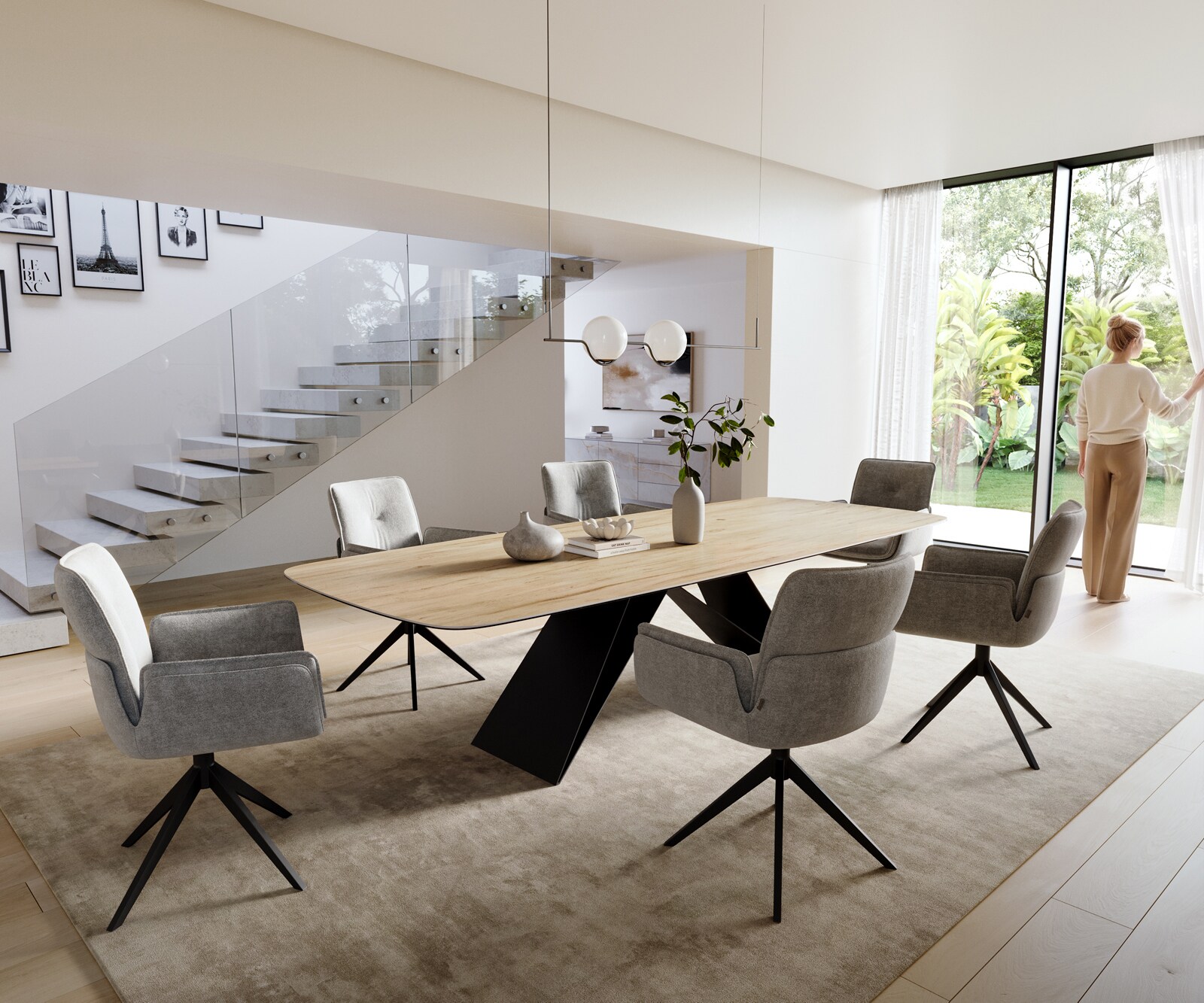 Esstisch Edge Boot 300x120 cm Keramik Laminam® Sabbia Eichefarbig V-Gestell Flachstahl Schwarz 5