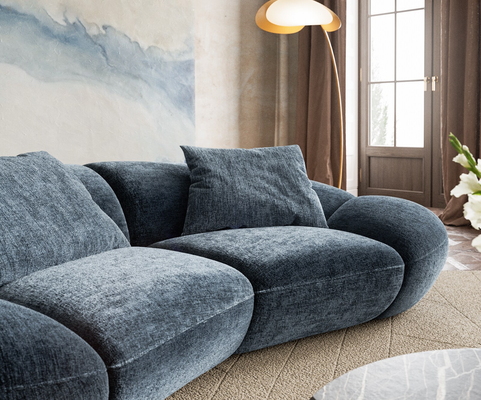 Grand canapé Lunna 360x175 cm chenille bleu 2 coussins 4