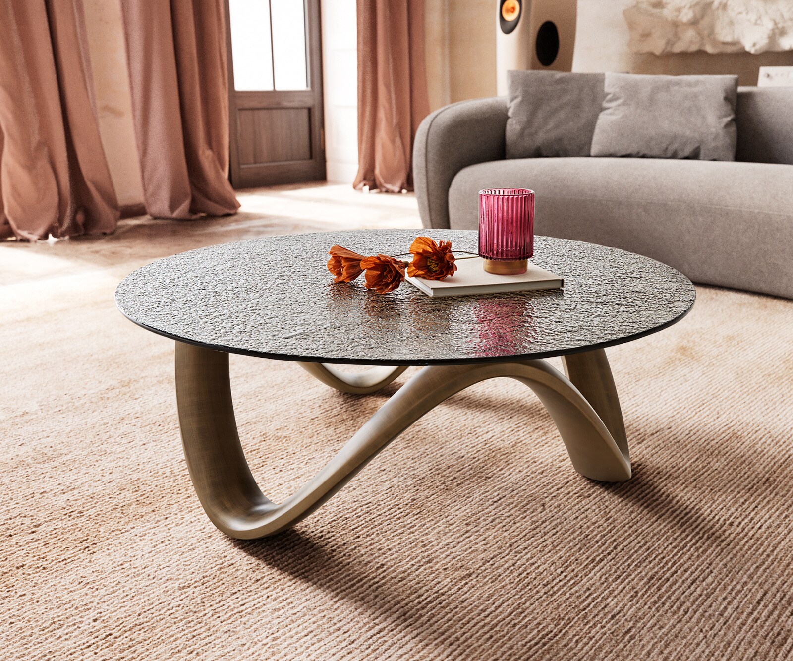 Couchtisch Tanju 90x90 cm Metallic Gold mit Reliefglas Taupe