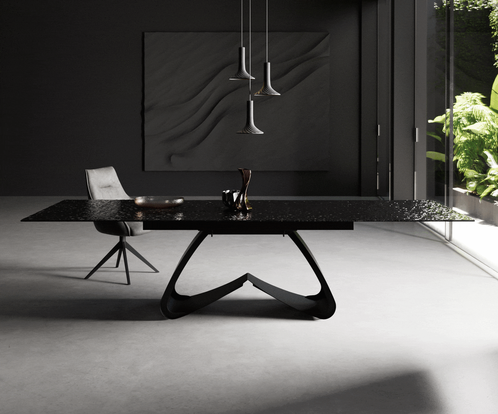 Esstisch Edge 200-300x100 Reliefglas Rauchschwarz 3D-Design W-Gestell Schwarz ausziehbar 2