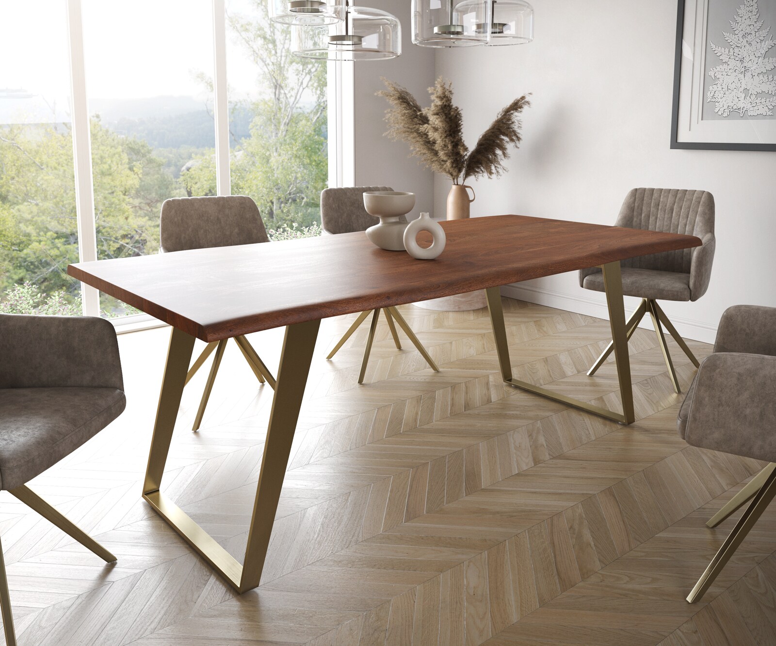 Table à manger Edge 200x100 acacia marron acier inoxydable Gold inclinée Live-Edge 1