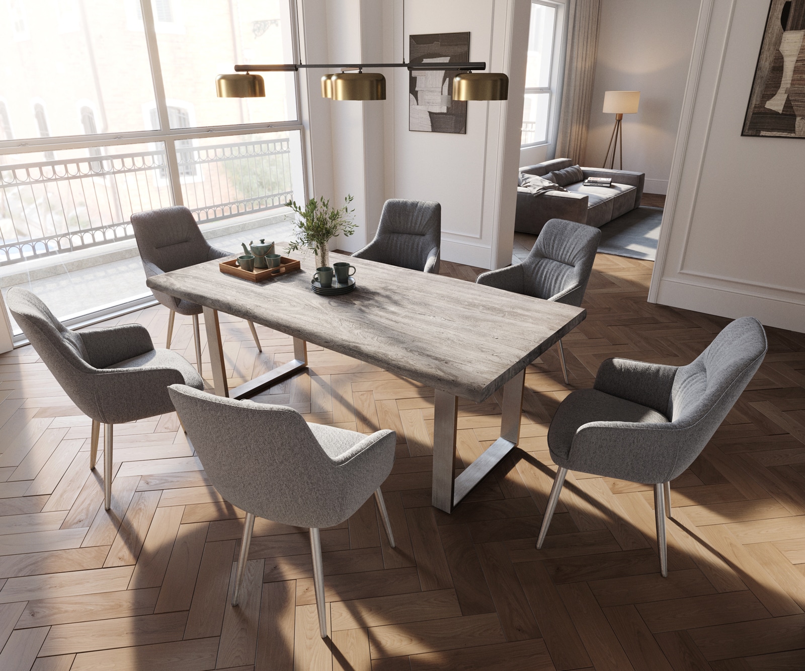 Chaise-de-salle-à-manger Zelia-Flex avec accoudoirs tissu texturé gris clair 4 pieds coniques acier inoxydable brossé ressorts ensachés 3 Chaise-de-salle-à-manger Zelia-Flex avec accoudoirs tissu texturé gris clair 4 pieds coniques acier inoxydable brossé ressorts ensachés 3