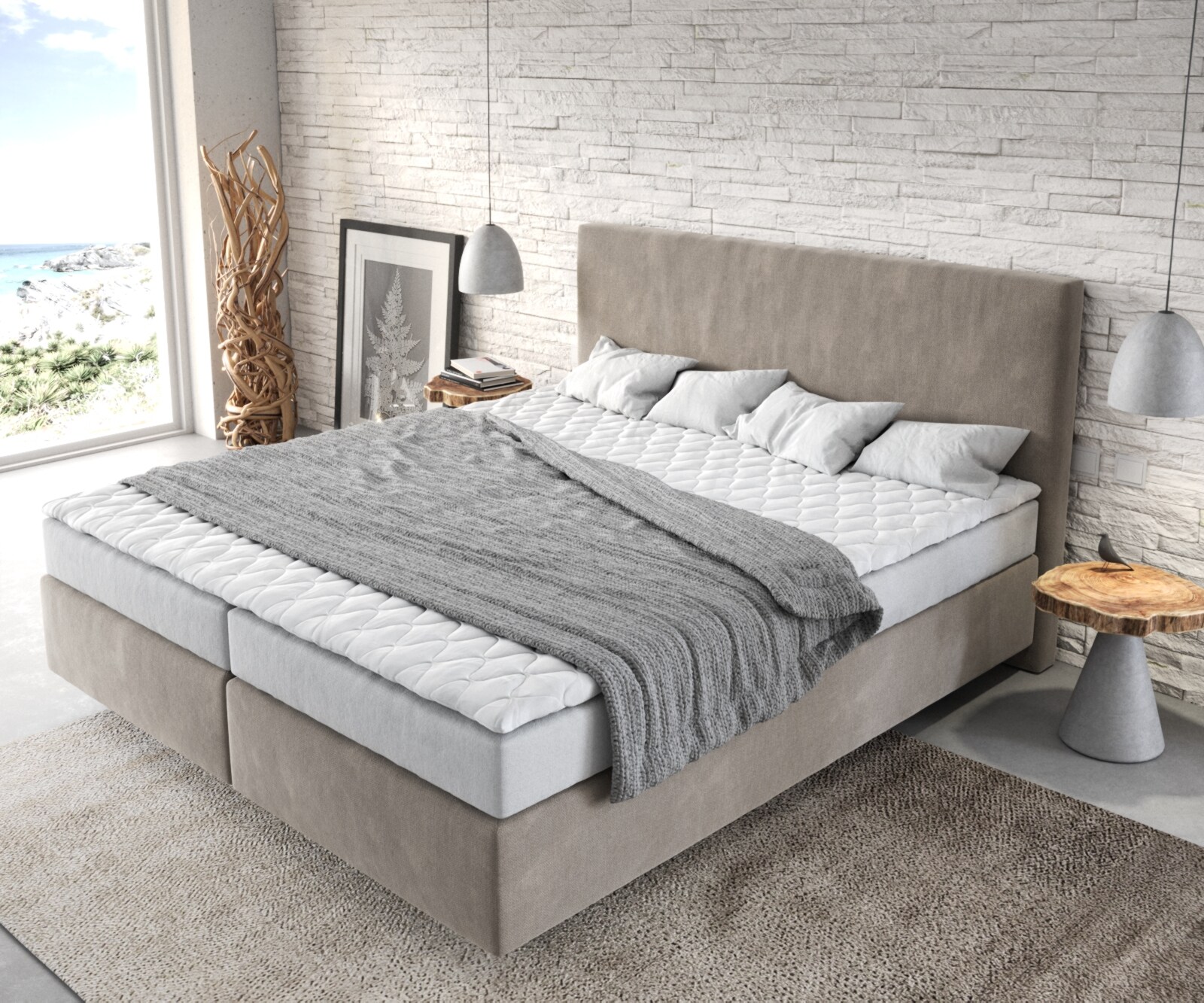 Boxspringbett Dream-Well 180x200 cm Mikrofaser Beige mit Matratze und Topper 3