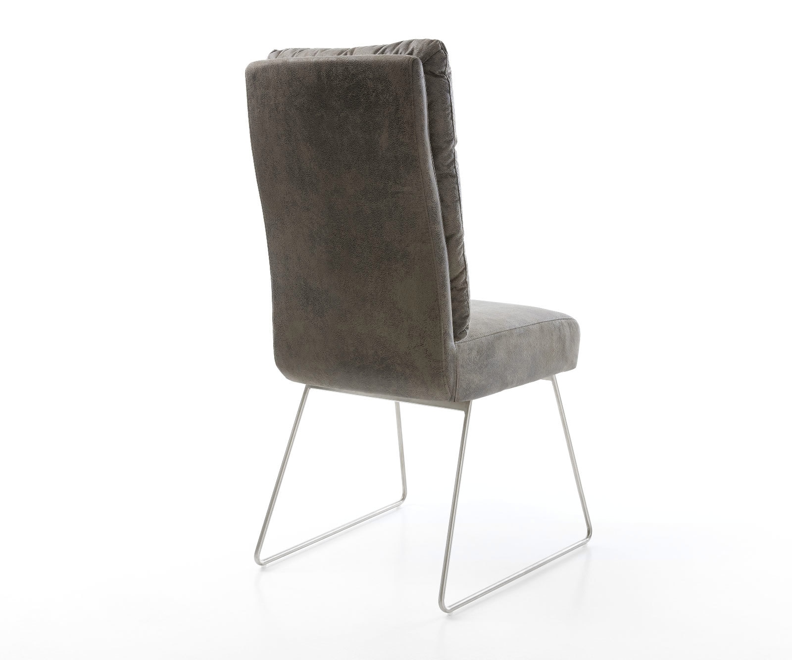 Chaise-de-salle-à-manger Pela-Flex microvelours gris antique pied trapèze acier inoxydable brossé ressorts ensachés 5 Chaise-de-salle-à-manger Pela-Flex microvelours gris antique pied trapèze acier inoxydable brossé ressorts ensachés 5