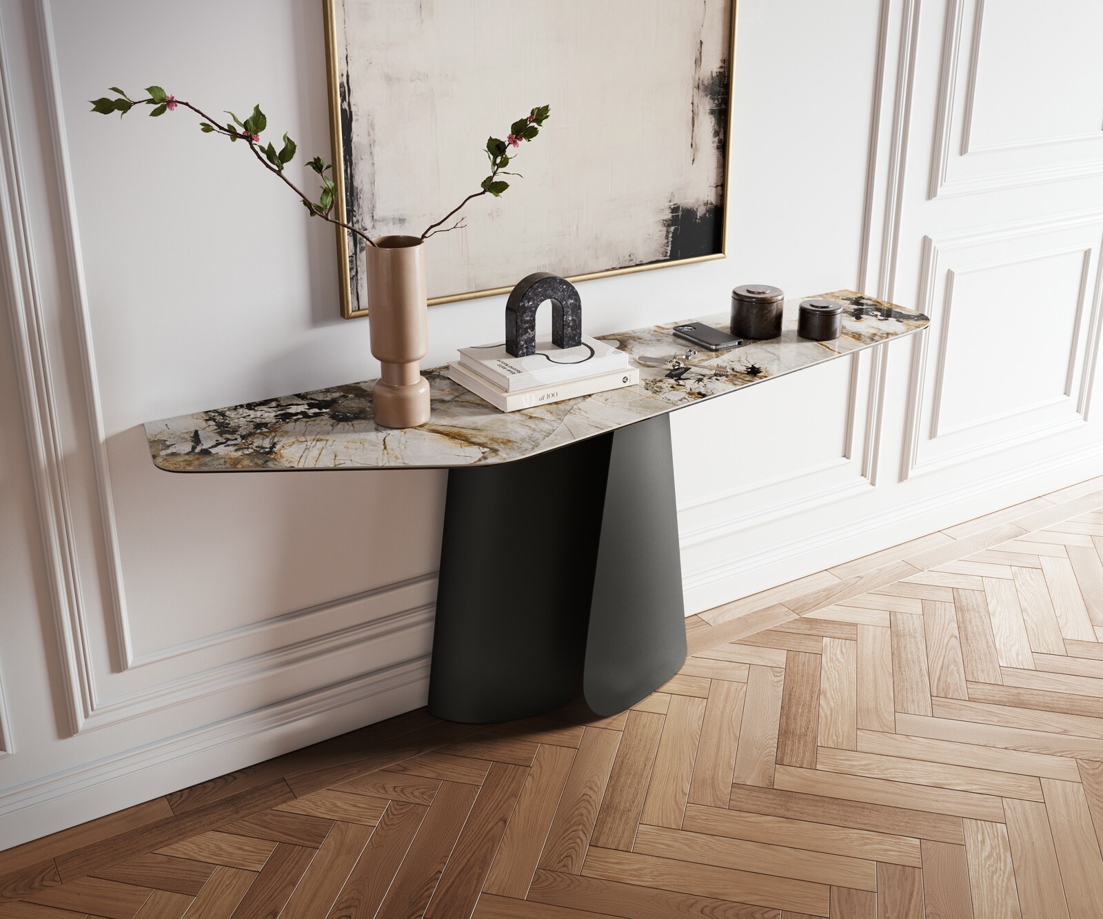 Console Edge Polygonal 180x50 cm Céramique Gris béton Livos Métal Noir 2