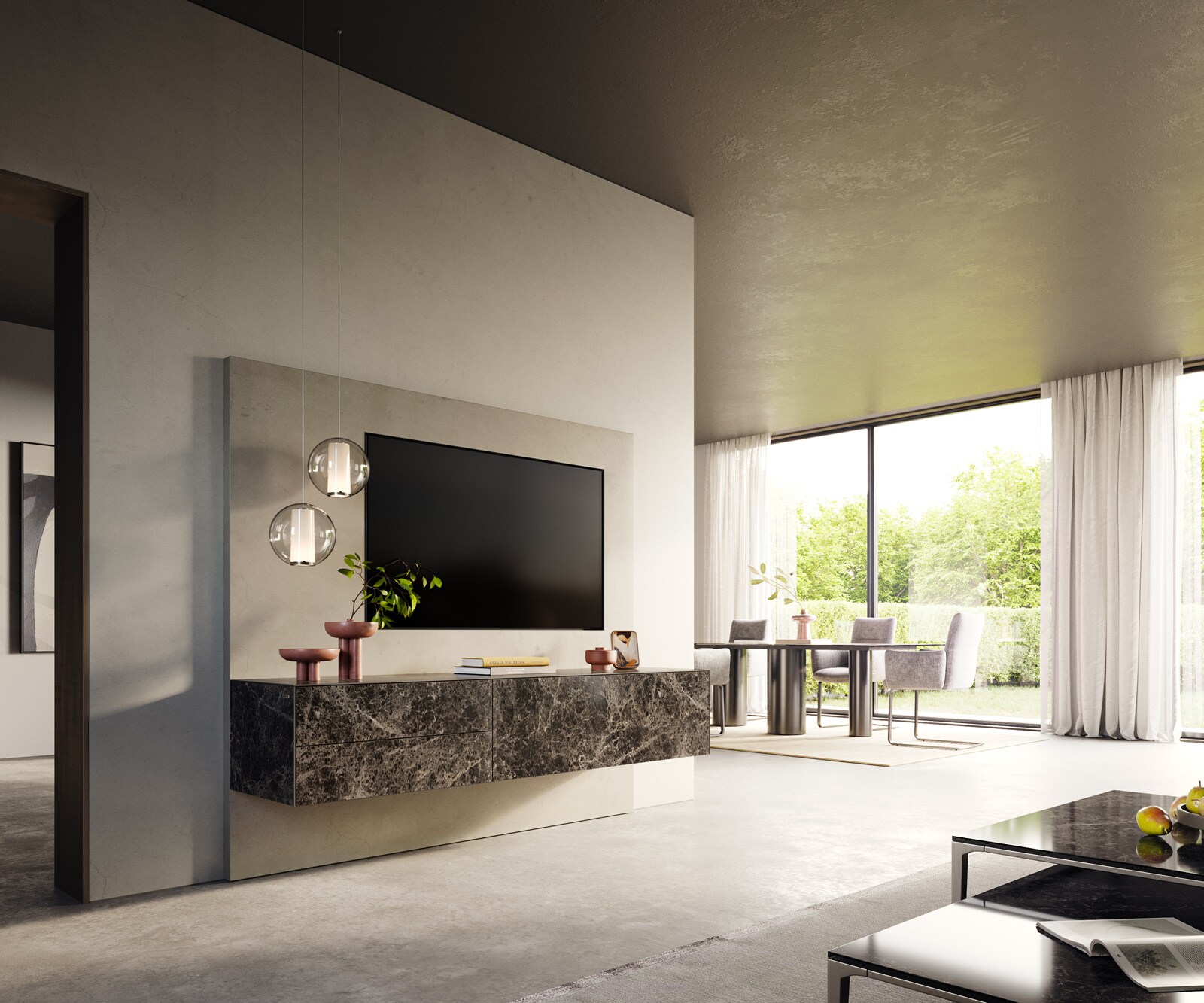 Lowboard Cuor 180 cm Keramik Laminam® Emperador Extra Lucidato Dunkelbraun 1 Klappe 2 Schubfächer Schwebend 6