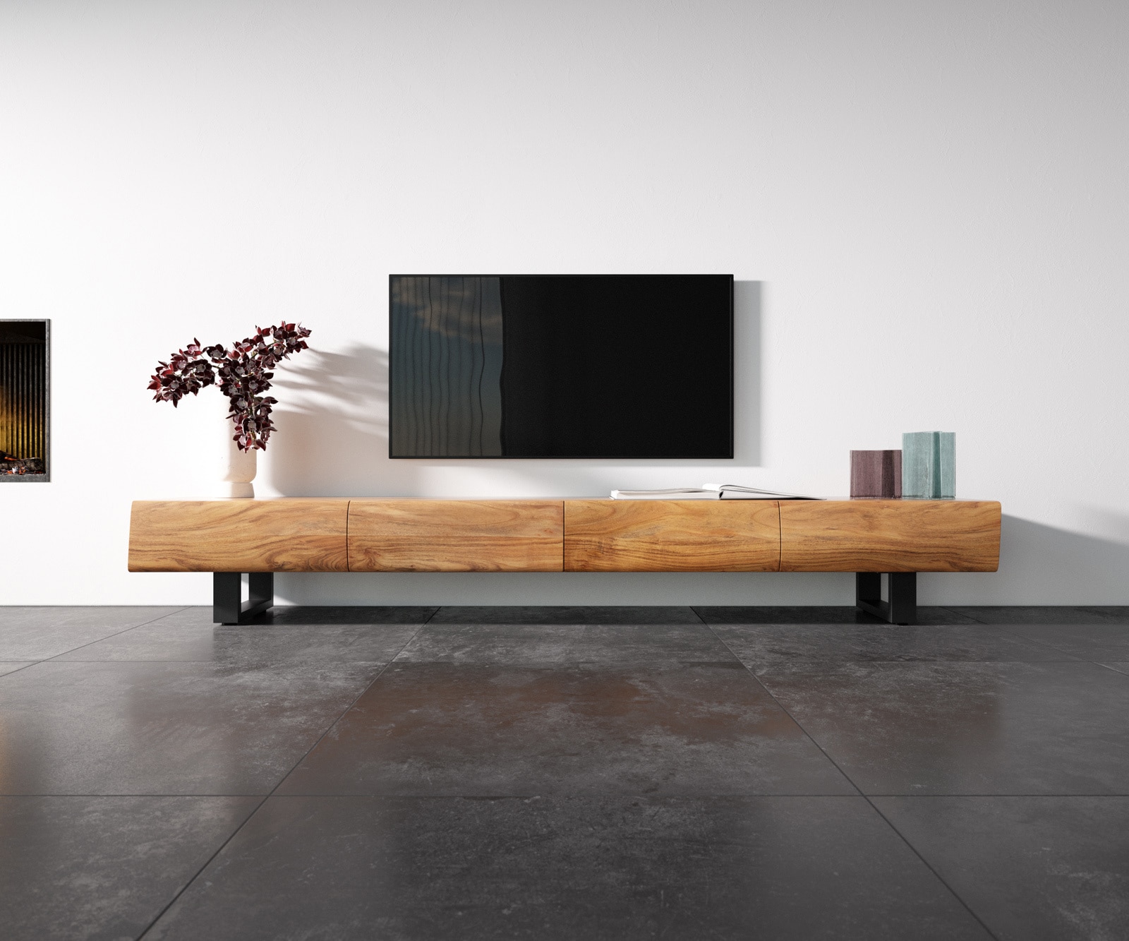 Meuble-TV New Live-Edge 240 cm acacia naturel 4 tiroirs patins métal noir 3 Meuble-TV New Live-Edge 240 cm acacia naturel 4 tiroirs patins métal noir 3