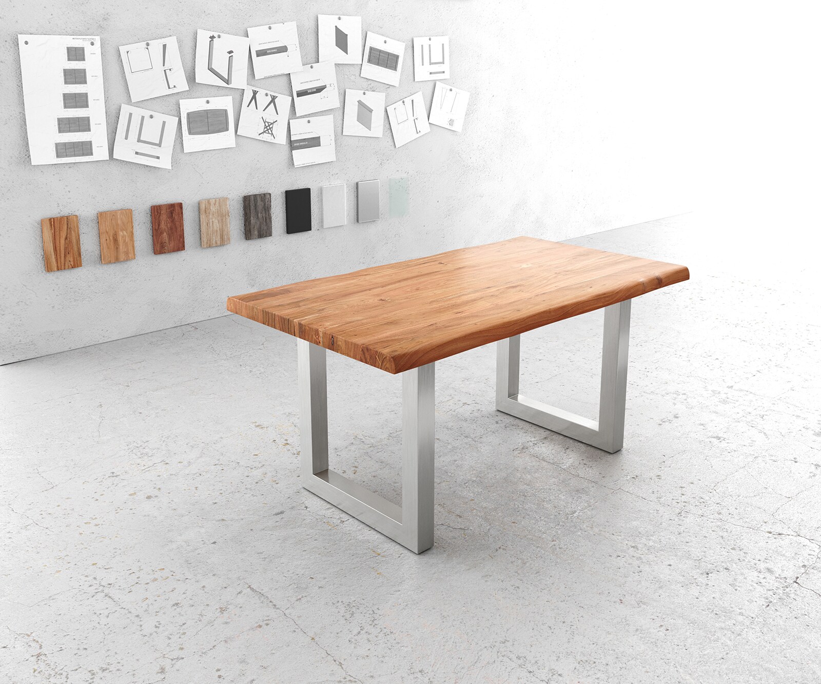 Table-à-manger Edge 160x90cm XL acacia nature acier inoxydable large Live-Edge 1