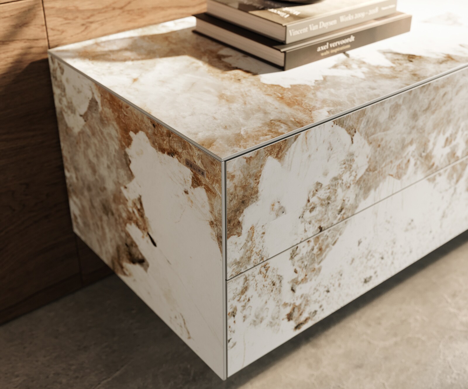 Meuble-TV Cuor 180 cm Céramique Minas Melange Blanc-beige 1 Clapet 2 Tiroirs Flottant 5