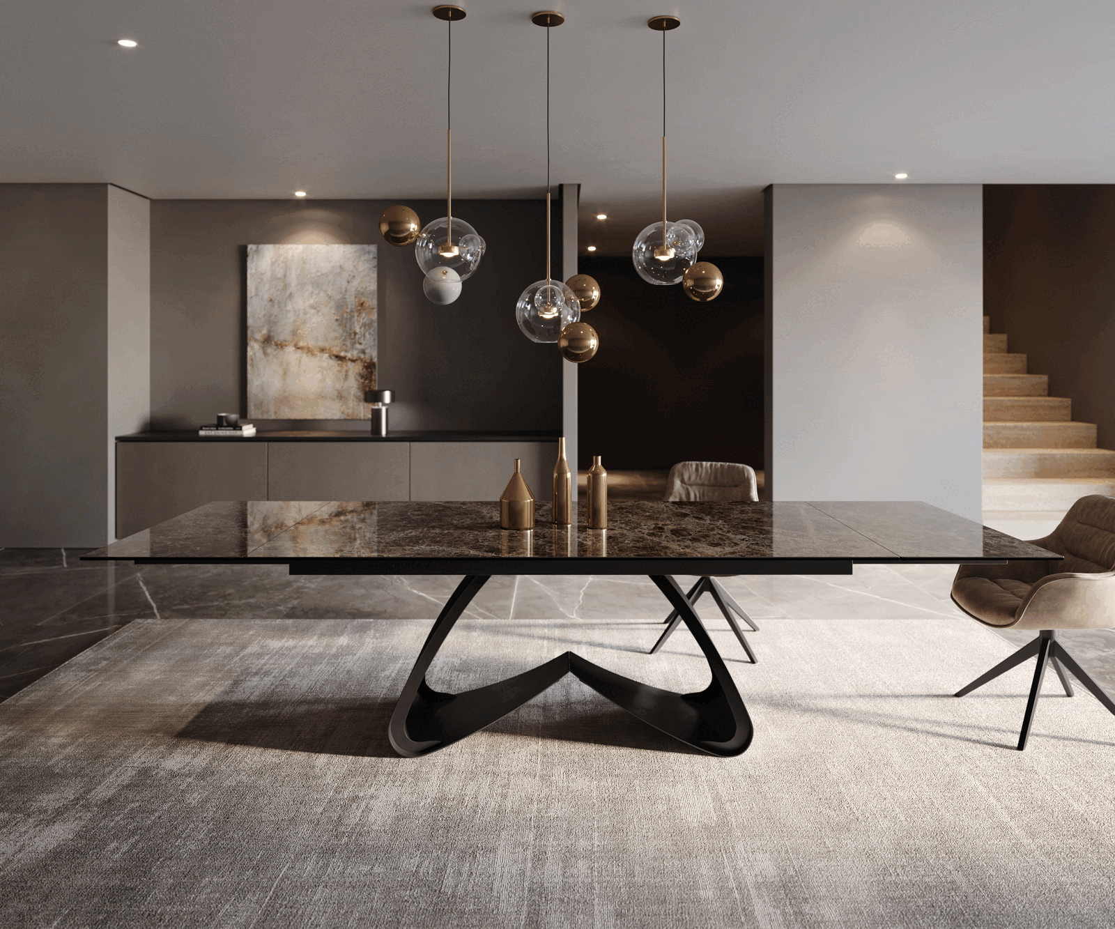 Esstisch Edge 200-300x100 Keramik Emperador Extra Lucidato Dunkelbraun W-Gestell Schwarz ausziehbar 1