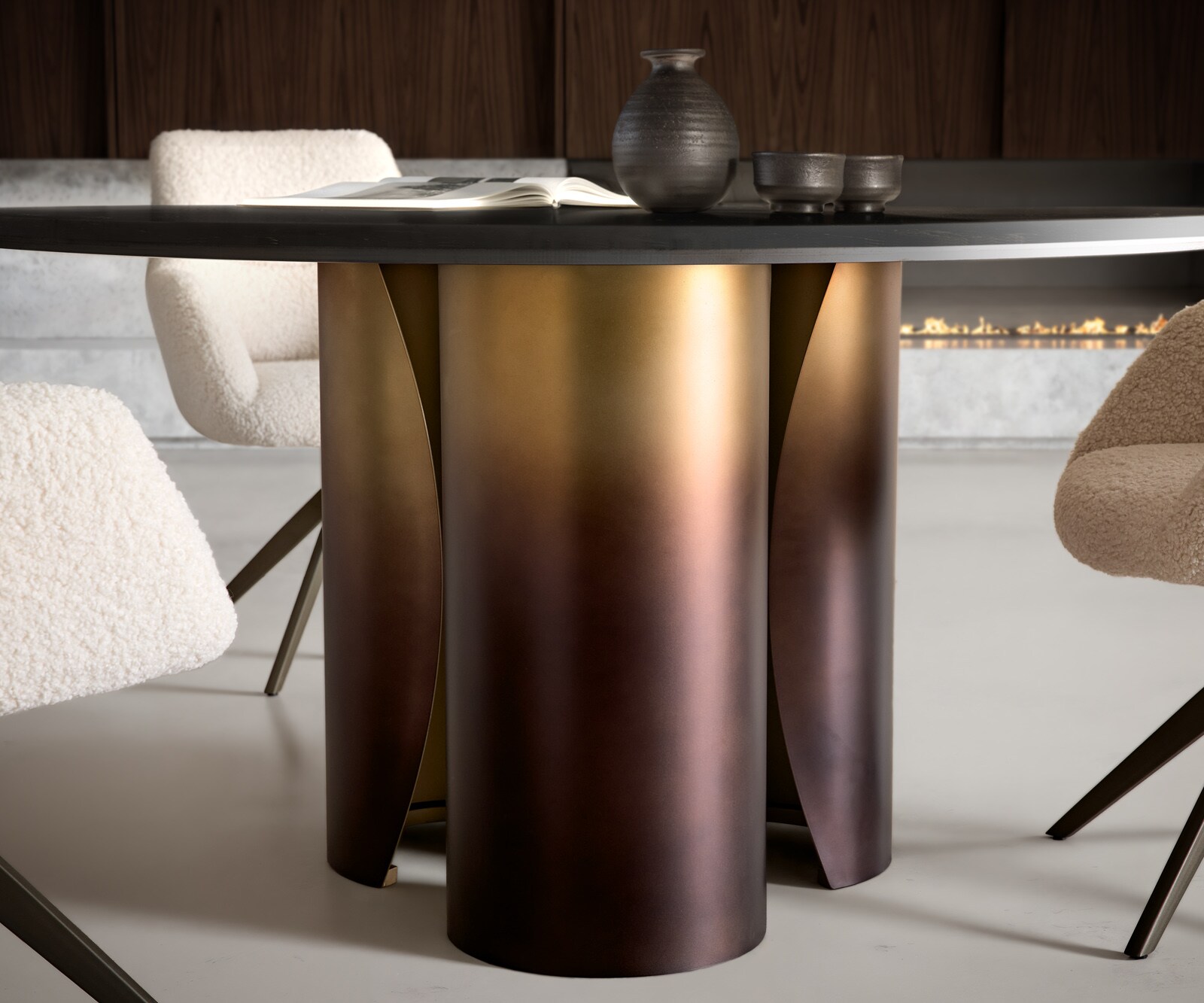Table-à-manger Adenza ronde 140 x 140 cm Marbre noir Or métallique Finition Fusion dorée 3