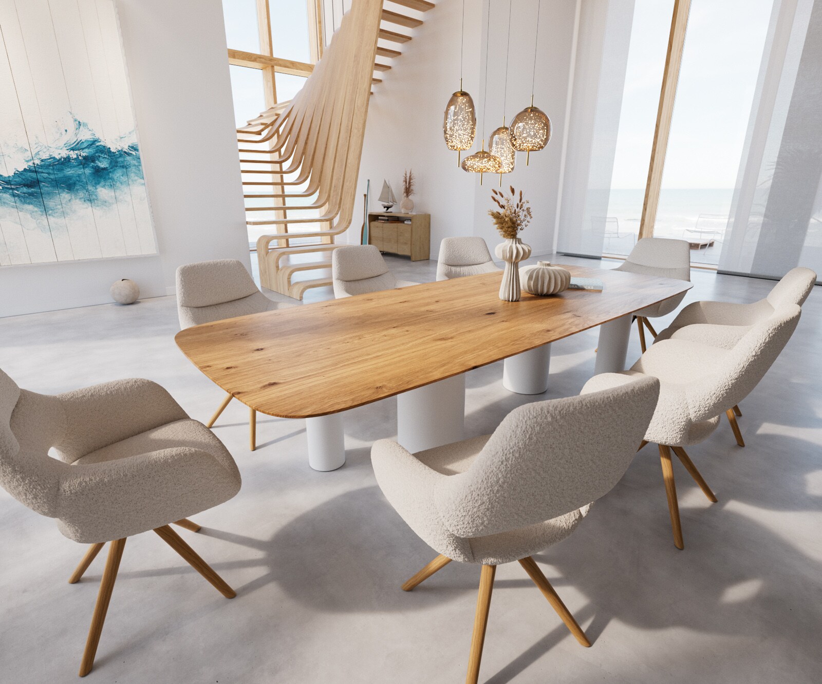 Table à manger Edge Boot 300x120x2,5-3 Chêne Nature Pilier Métal Blanc Bord suisse 6