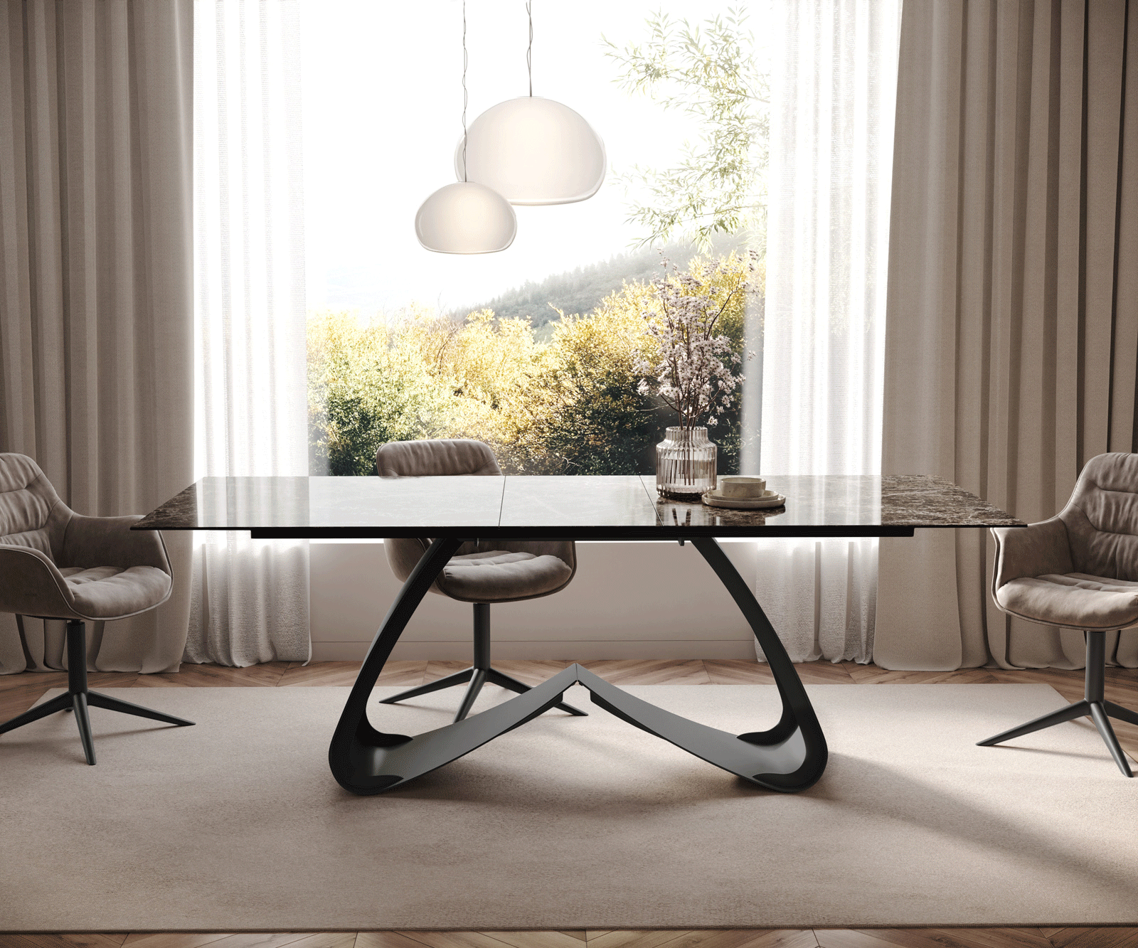 Table à manger Edge 180-220x100 céramique Laminam® Emperador Extra Lucidato marron foncé cadre en W noir extensible 2