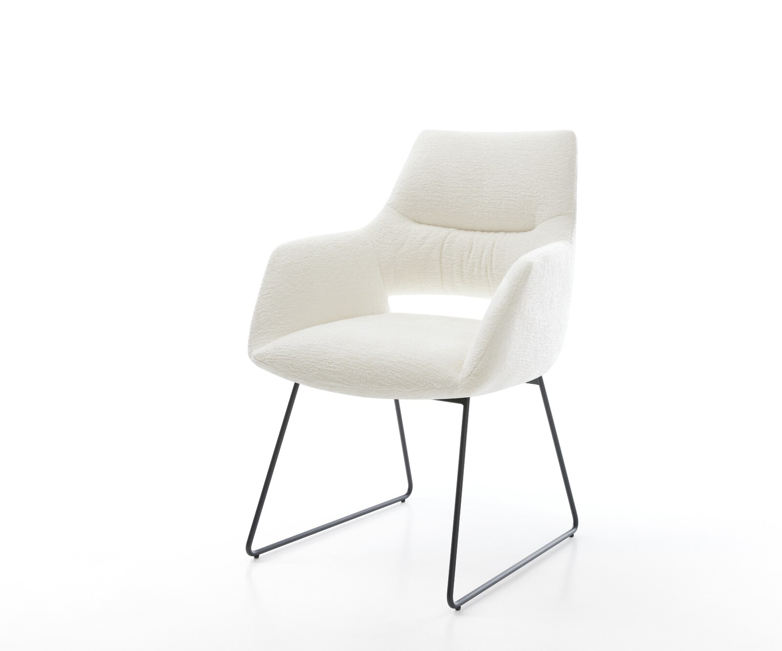 Chaise-de-salle-à-manger Yago-Flex avec accoudoirs bouclé doux beige pied trapèze noir resorts ensachés