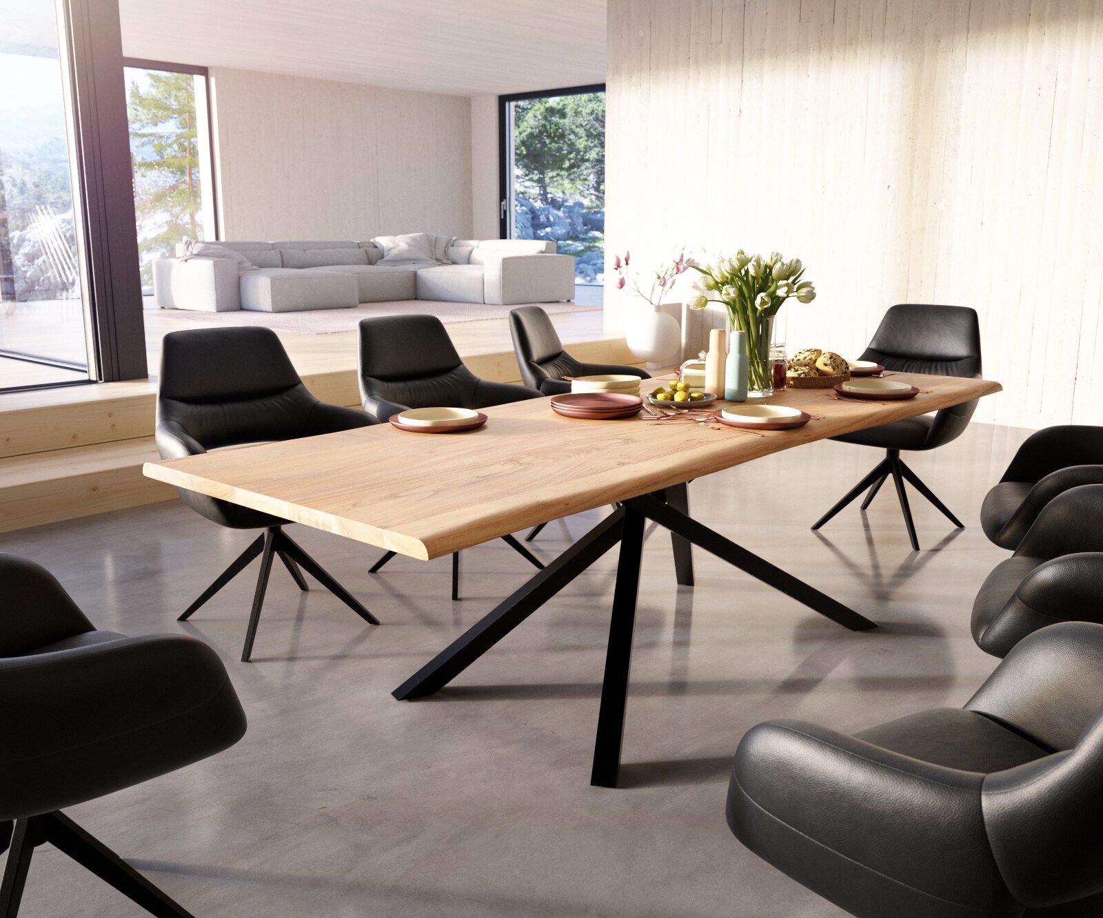 Esstisch Edge 260x100 Akazie Natur Kreuzgestell Rechteck Schwarz Live-Edge
