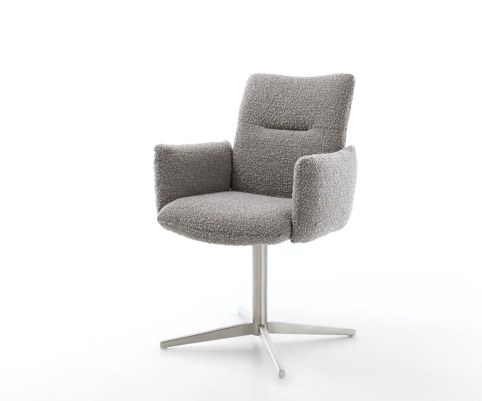 Drehstuhl Jova-Flex mit Armlehnen Bouclé Silbergrau Fußkreuz Edelstahl 360° drehbar Taschenfederkern