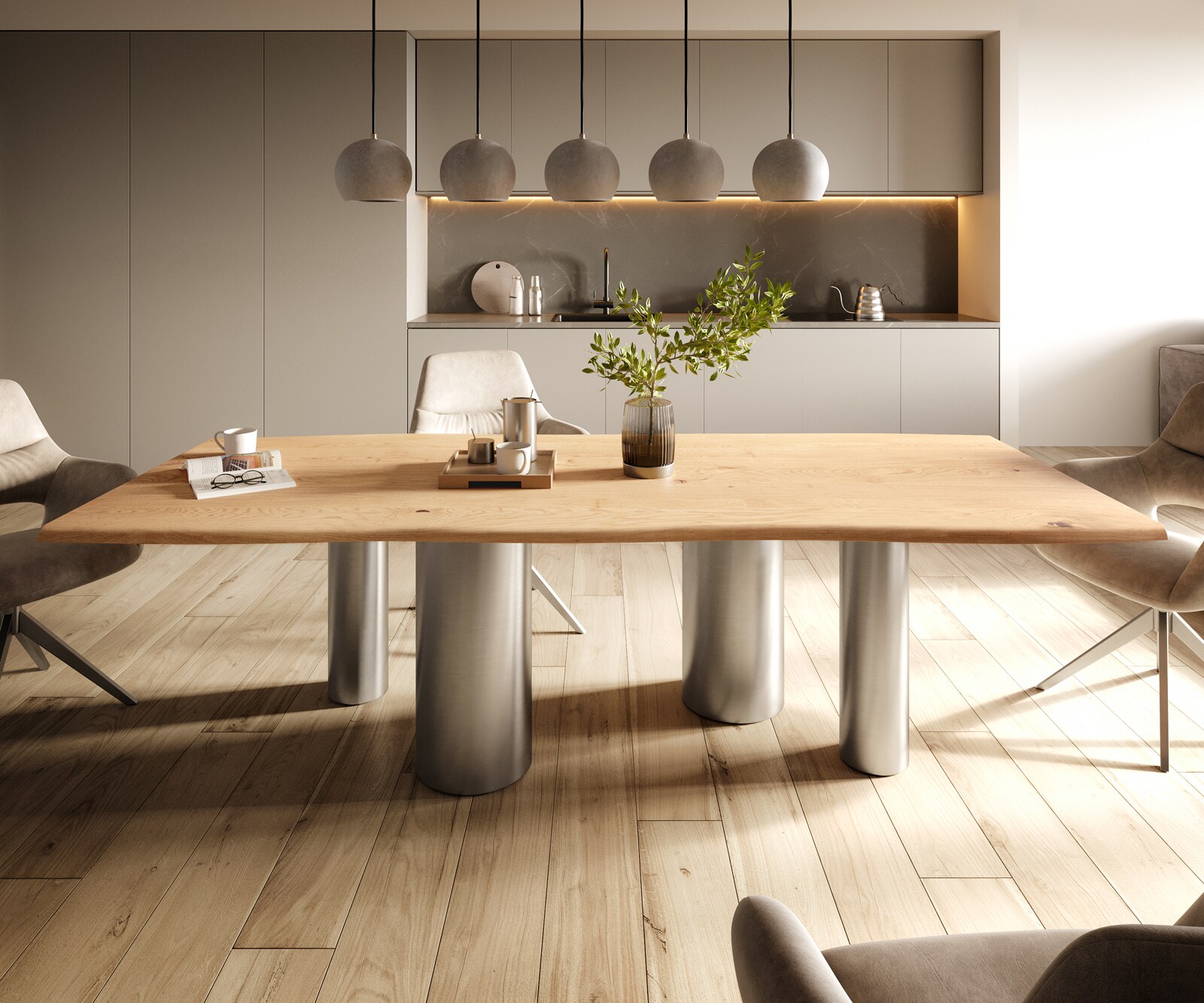Esstisch Edge 260x100x2,5-3 Eiche Natur Pilier Edelstahl gebürstet Live-Edge 2