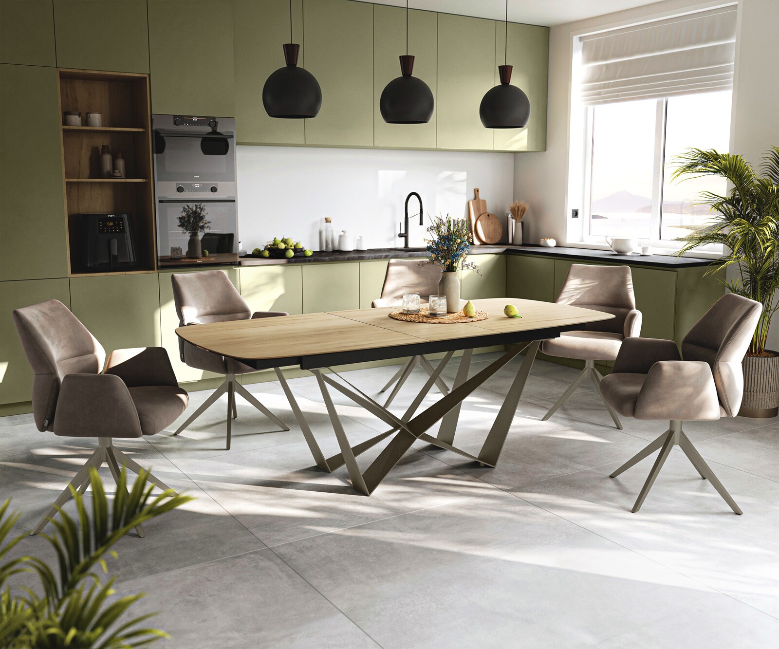 Esstisch Edge Boot 180-220x100 cm Keramik Laminam® Sabbia Eichefarbig Spider Metall Effektfinish Titan ausziehbar 5