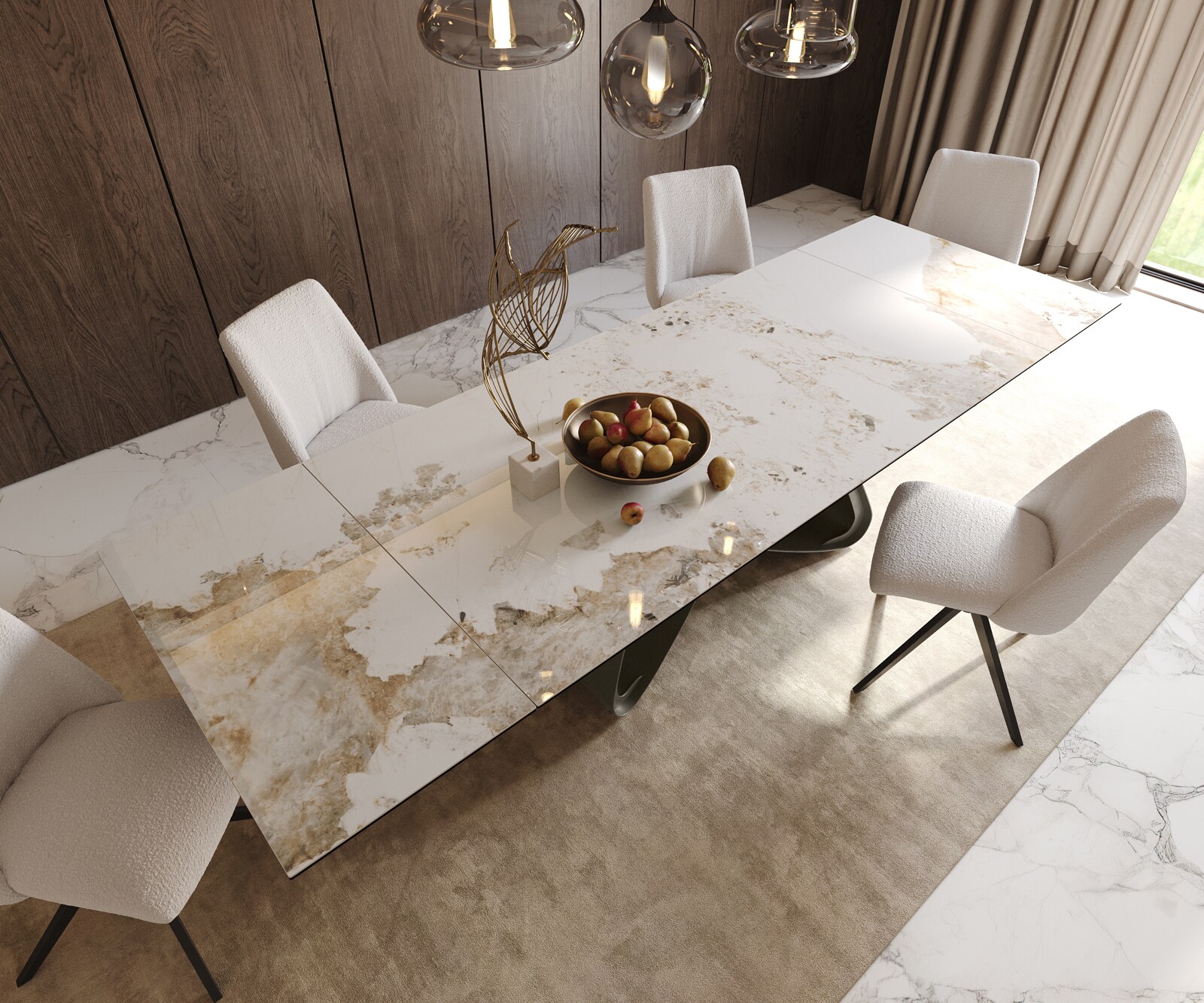 Esstisch Edge 200-300x100 Keramik Minas Melange Weiß-Beige W-Gestell Effektfinish Titan Ausziehbar 5