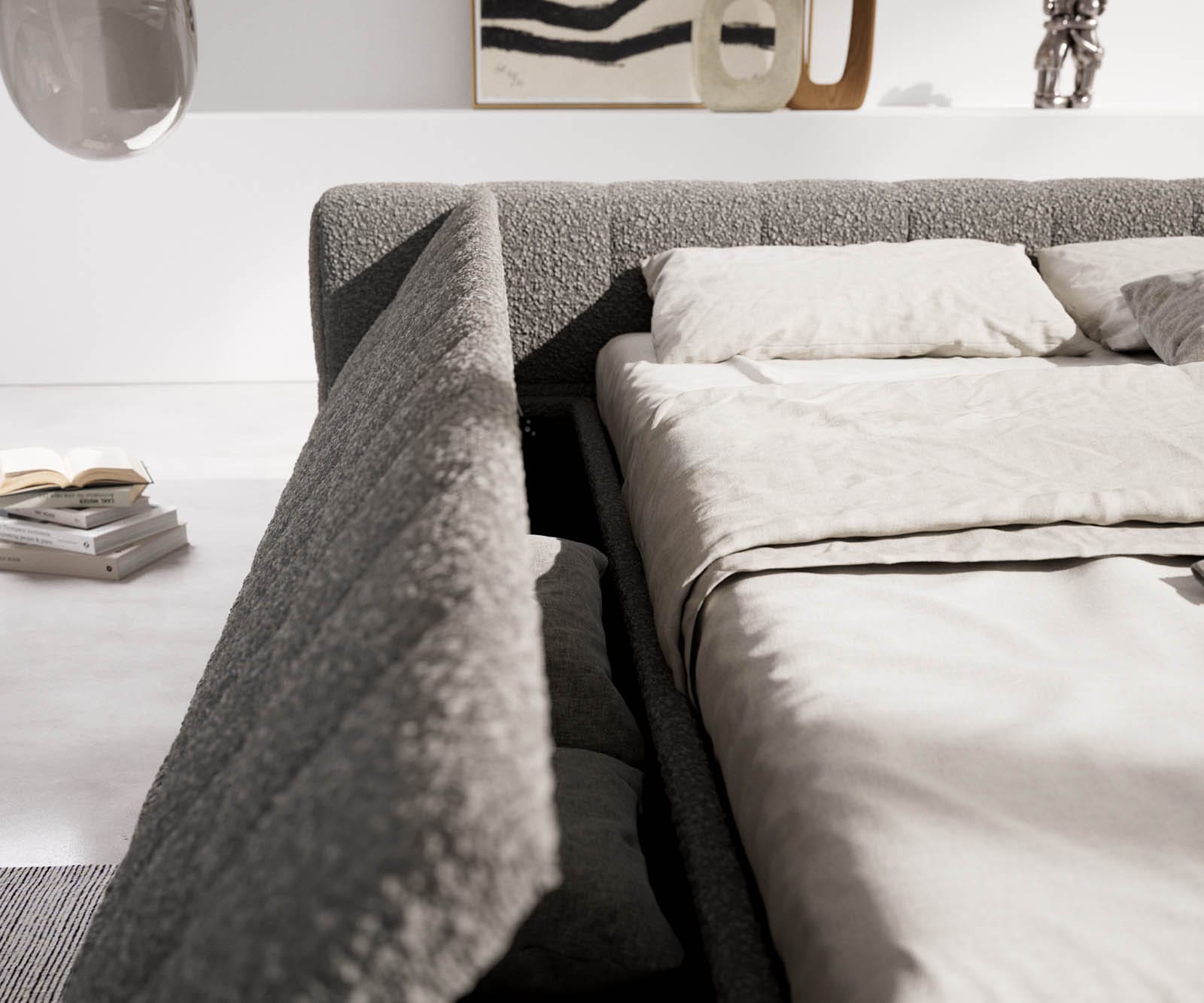 Polsterbettgestell Espazio 140x200 cm Bouclé Silbergrau mit Stauraum 6 Polsterbettgestell Espazio 140x200 cm Bouclé Silbergrau mit Stauraum 6