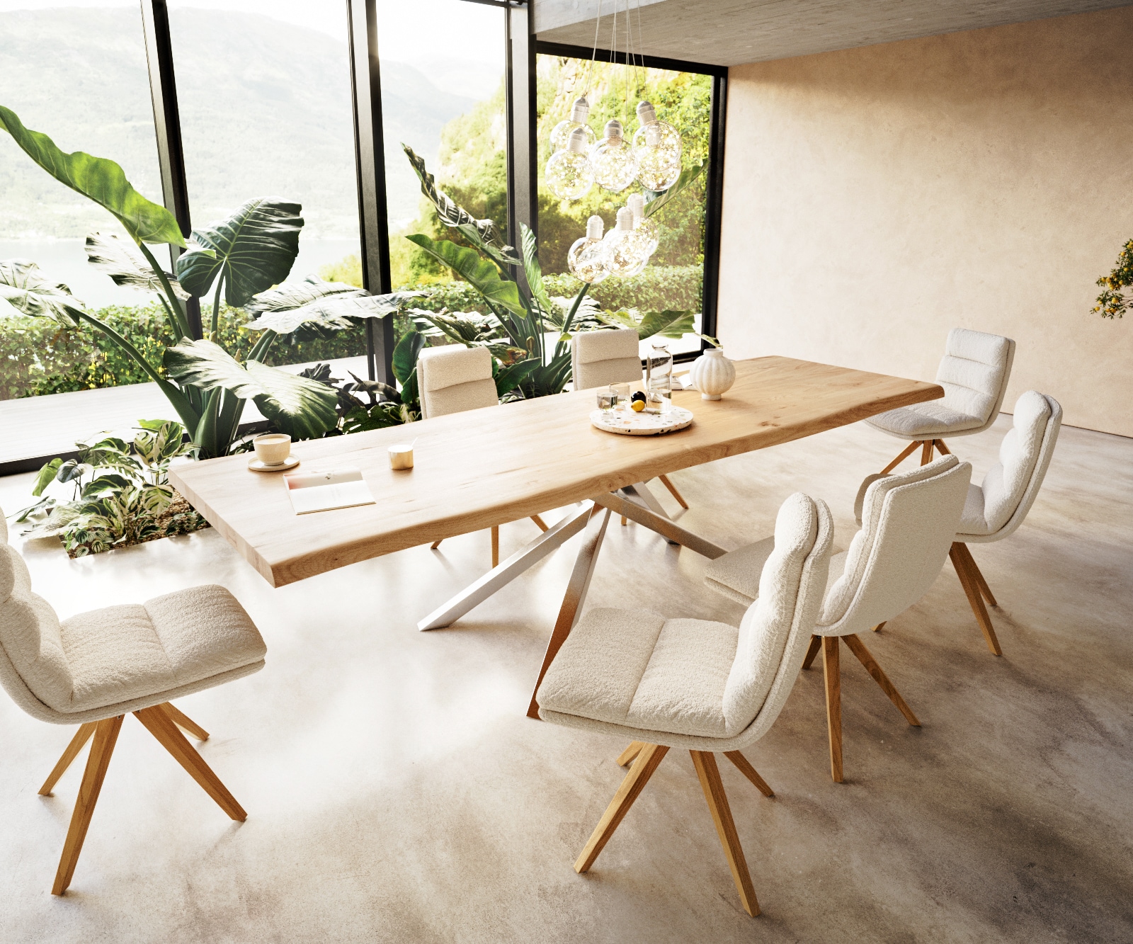 Table à manger Edge 300x100 chêne nature cadre croisé rectangle acier inoxydable Live-Edge 6