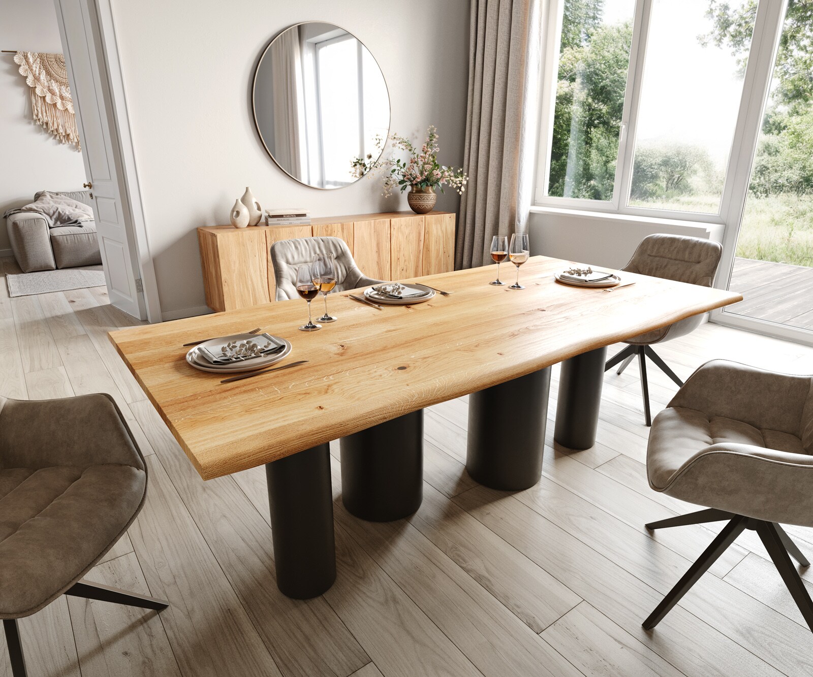 Table à manger Edge 200x100x2,5-3 chêne naturee Pilier métal noir Live-Edge 1