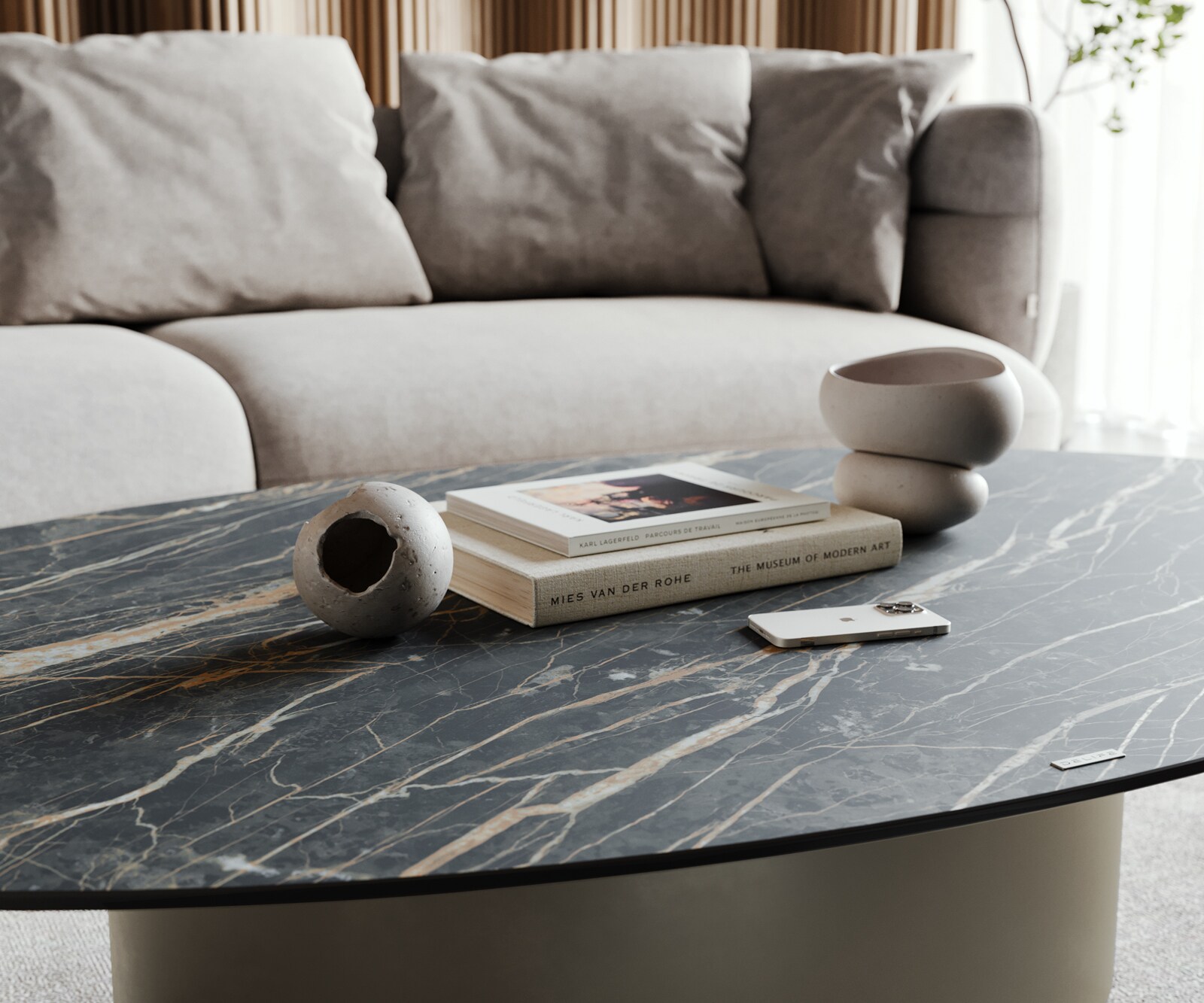 Table-basse Casilda 150x90 cm Céramique Laminam®Noir Desir Marron Pied central Finition à effet titane 6