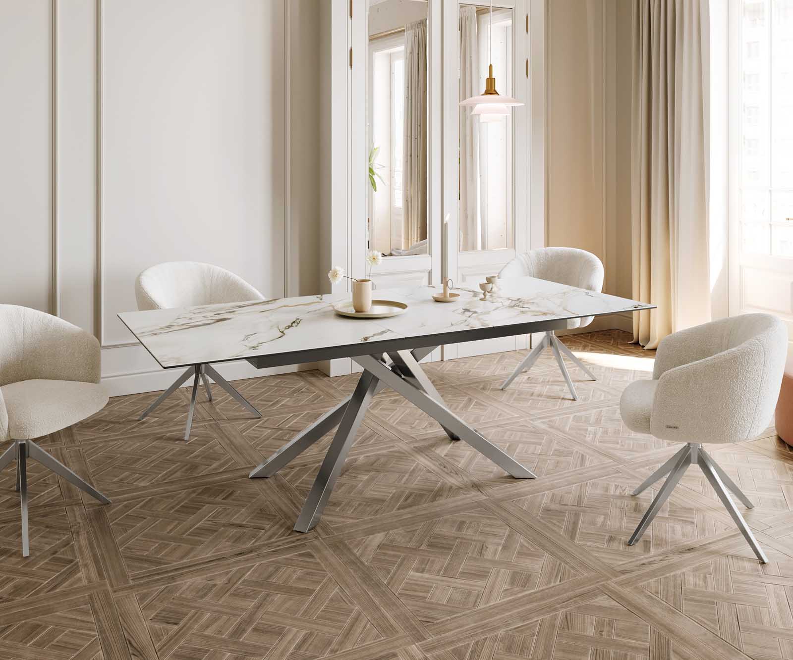 Esstisch Edge 180-220x100 Keramik Calacatta Luxe Weiß-Gold-Grau Kreuzgestell Rechteck Edelstahl ausziehbar 8