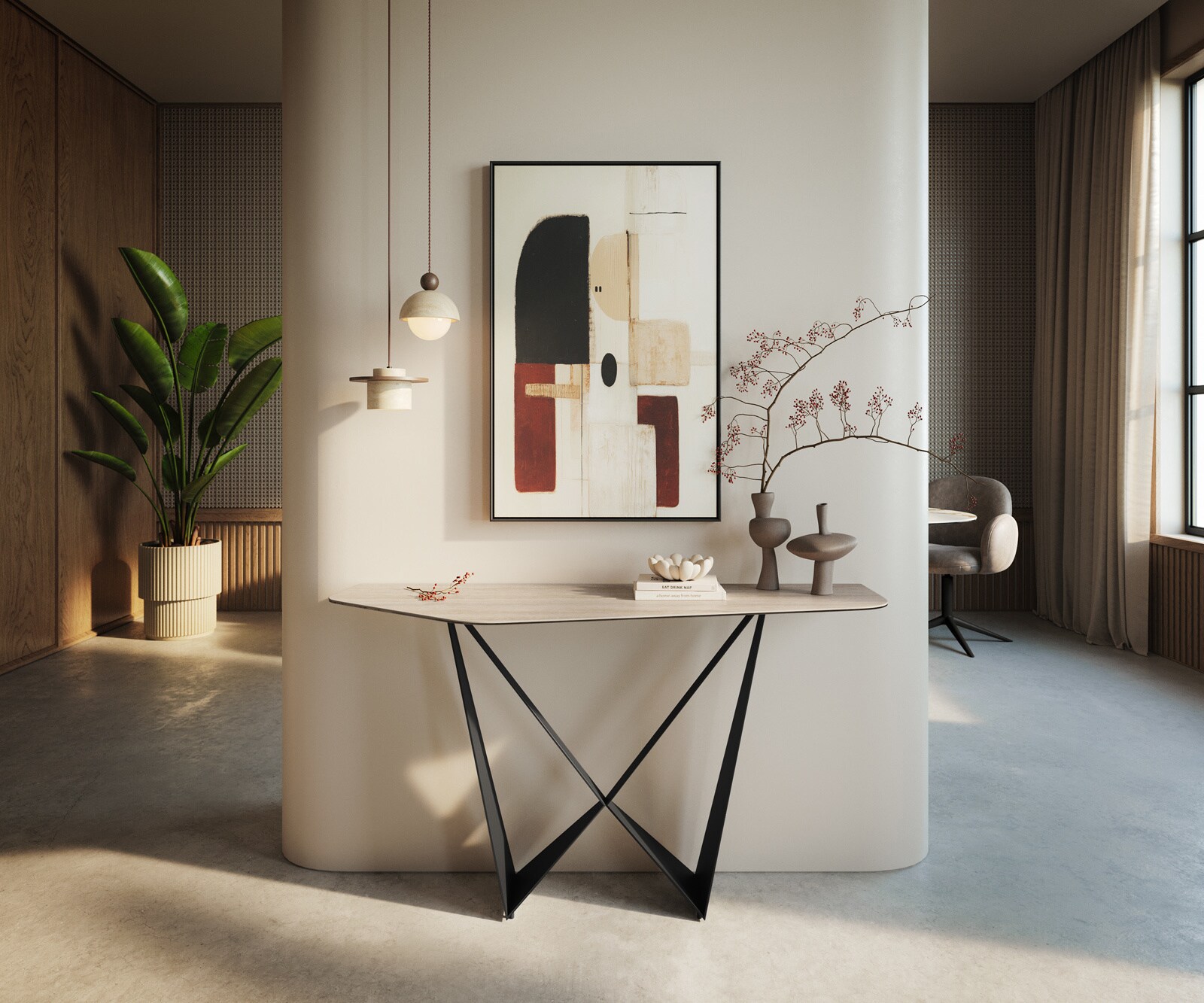 Console Edge Polygonal 140x50 cm Céramique Laminam® Travertino Bianco Creme-Weiß Spios Métal Noir 4