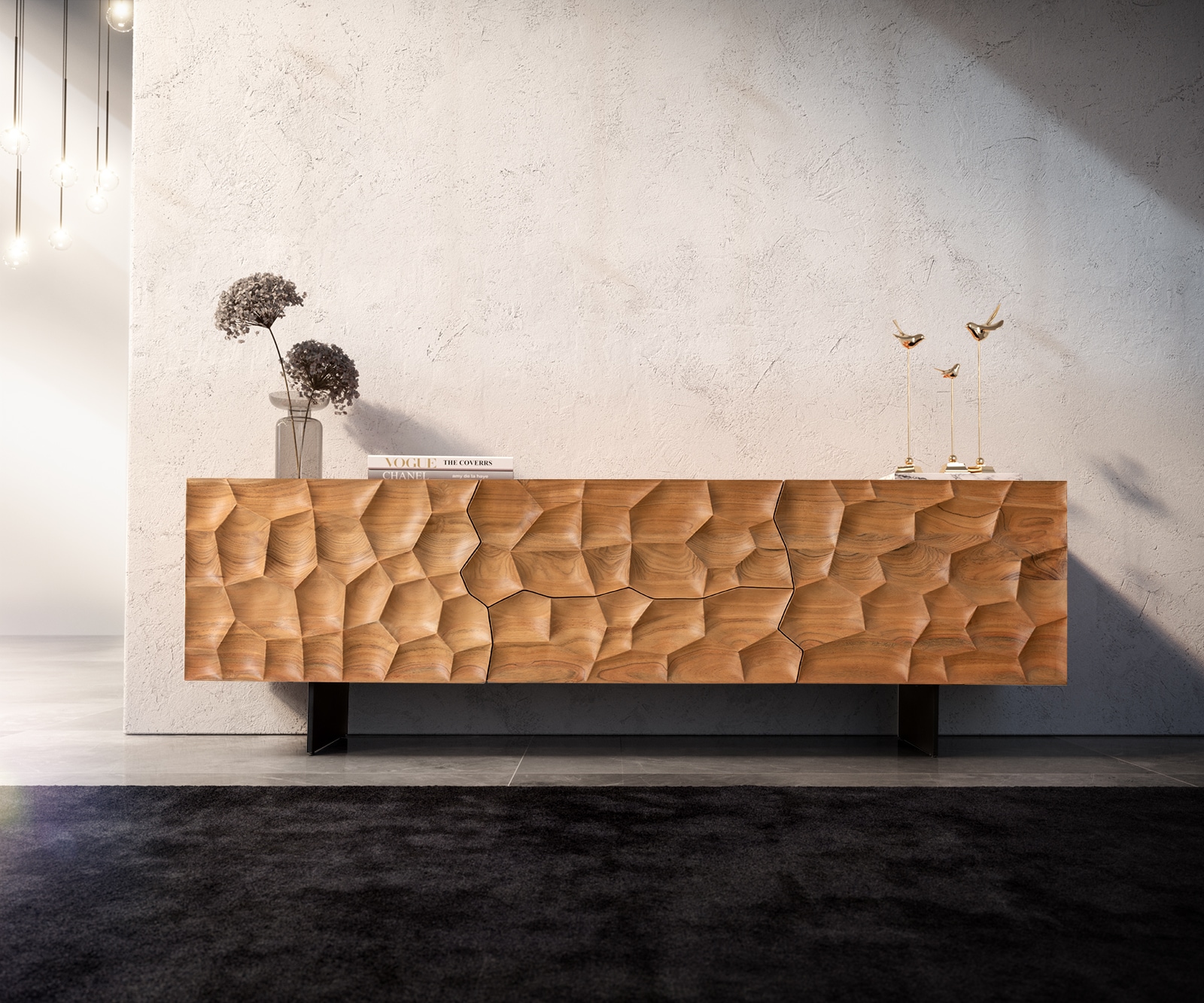 Lowboard Solu 175 cm Akazie Natur 2 Türen 2 Schübe Fuß schwebend Metall Schwarz 3D-Front 1 Lowboard Solu 175 cm Akazie Natur 2 Türen 2 Schübe Fuß schwebend Metall Schwarz 3D-Front 1