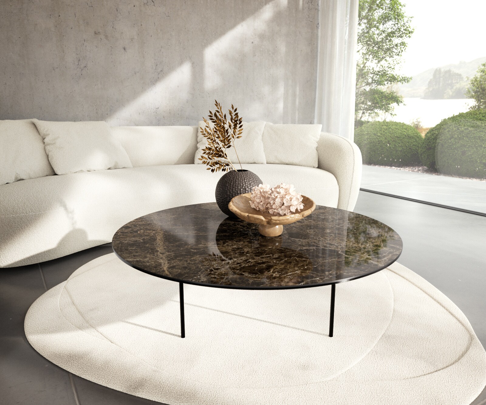 Table basse Edge rond 100x100 cm céramique Laminam® Emperador Extra Lucidato brun foncé Trive métal noir