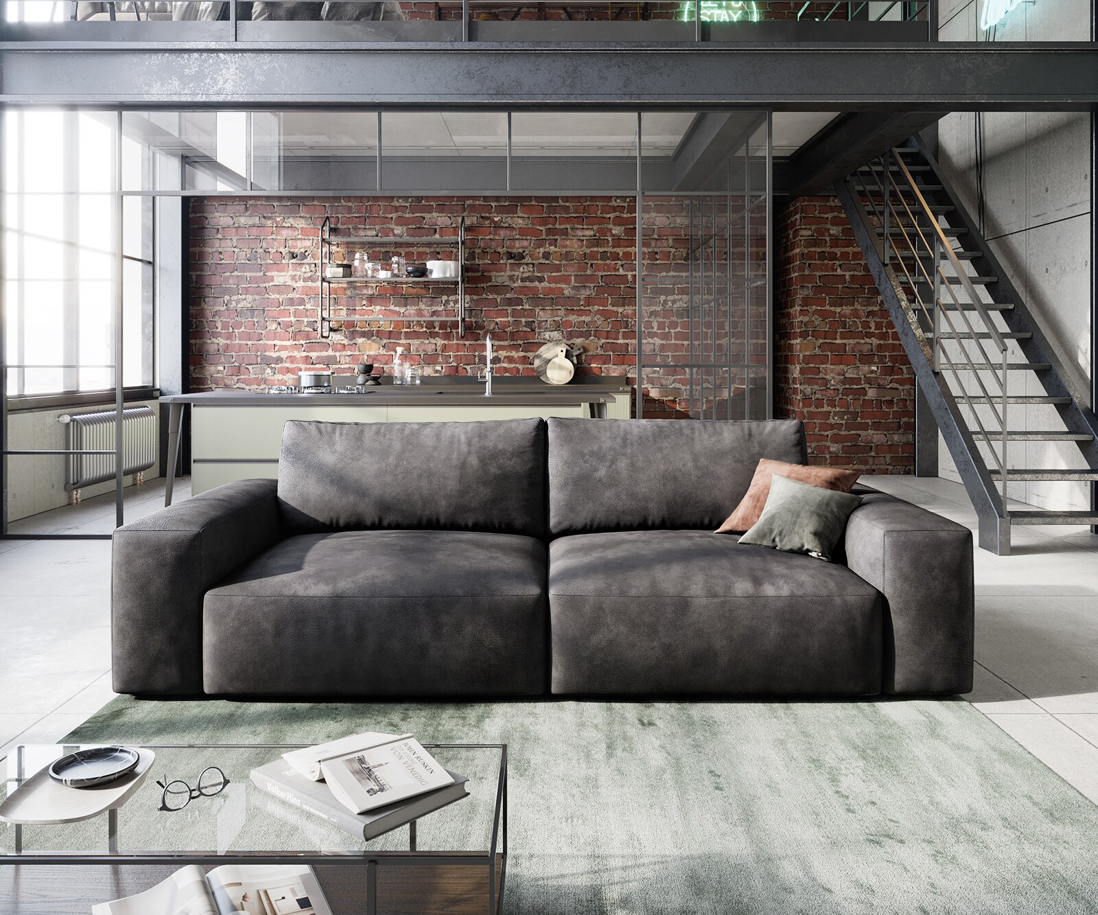 Big canapé Lanzo 230x95 cm similicuir vintage anthracite 1