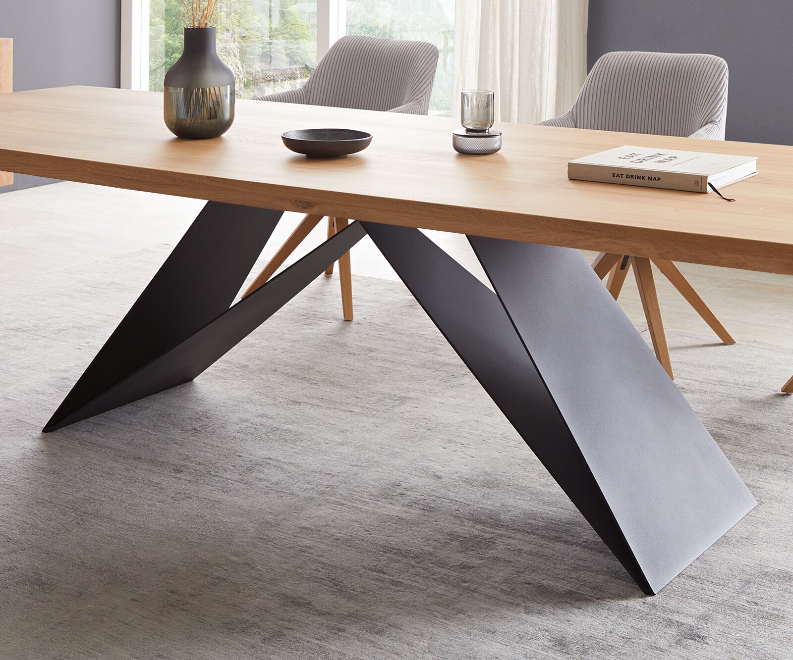 Table à manger Edge 300x100 chêne nature cadre en V acier plat noir 5