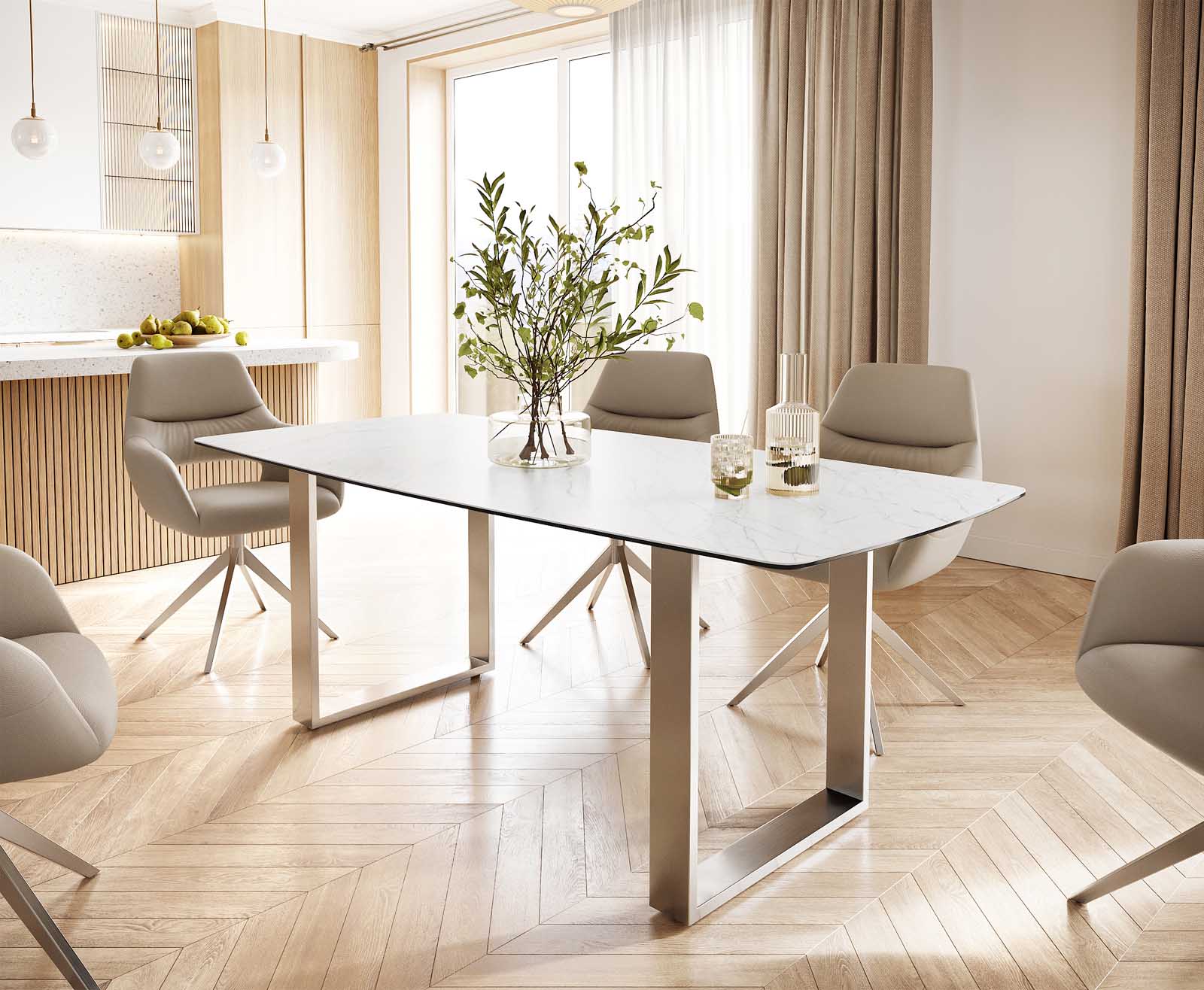 Table-à-manger Edge forme Boot 200x100 céramique Laminam® statuarietto blanc inox étroit Table-à-manger Edge forme Boot 200x100 céramique Laminam® statuarietto blanc inox étroit