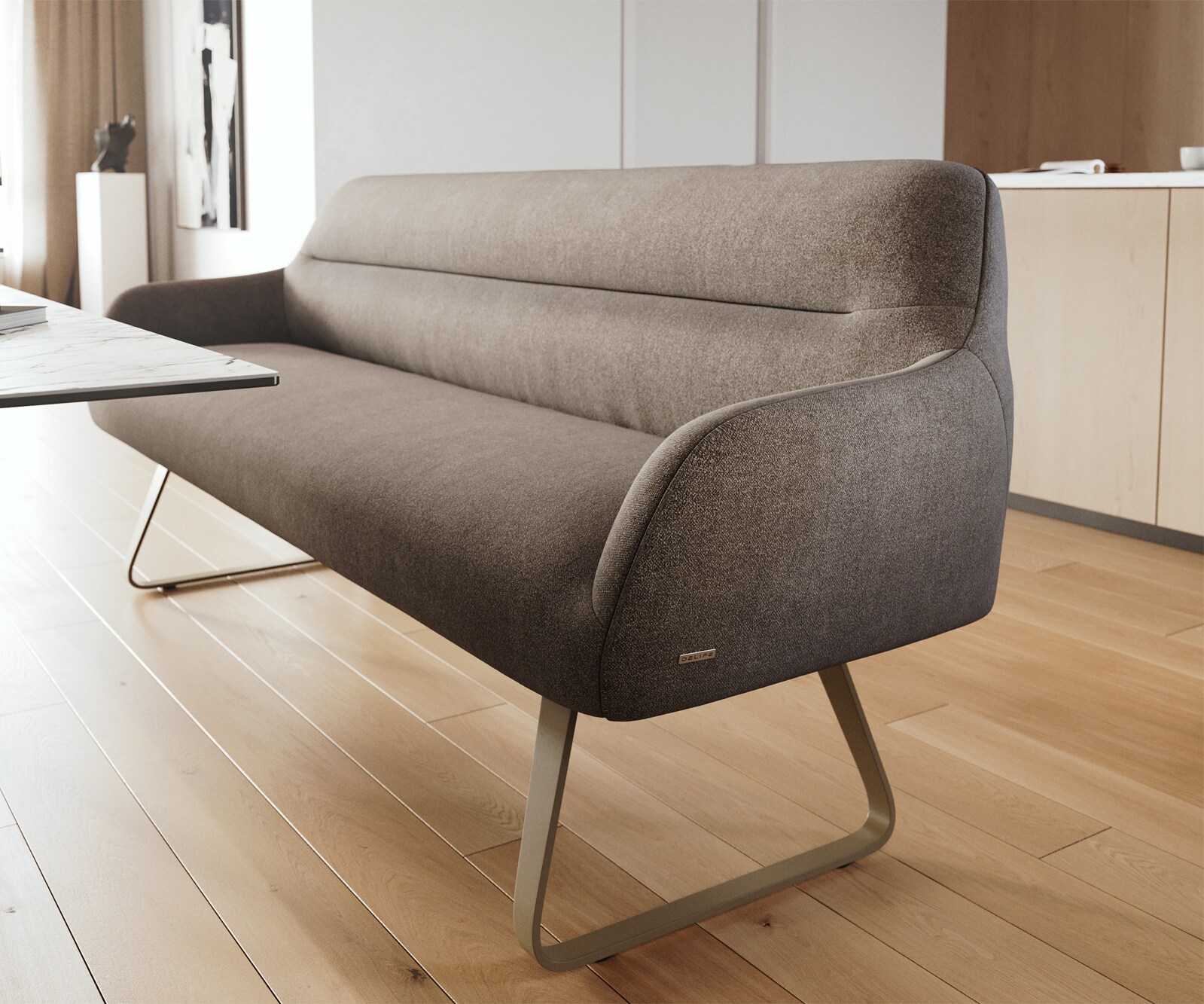 Esszimmerbank Taya-Flex 200 cm Strukturstoff Soft Taupe Kufengestell flach Effektfinish Titan Taschenfederkern 4